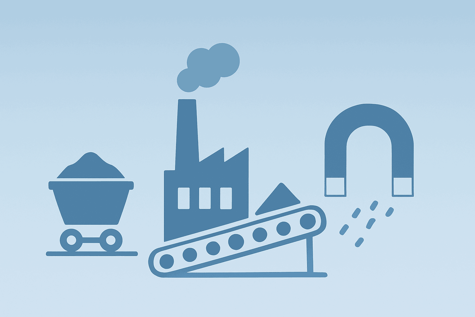 Centered flat filled vector of a mining-to-magnet plant symbolizing the USA Rare Earth merger and Western supply resilience.