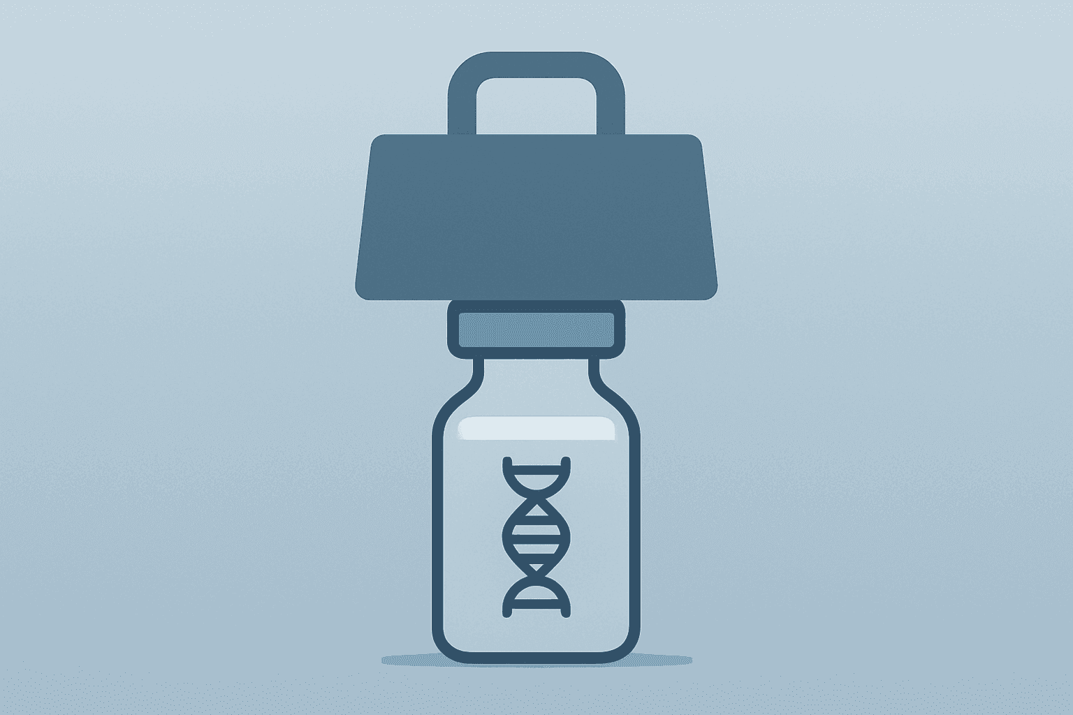 Centered flat vector of a biotech vial merging with a split capsule to represent Biogen Q2 2026 results and EPS headwinds.