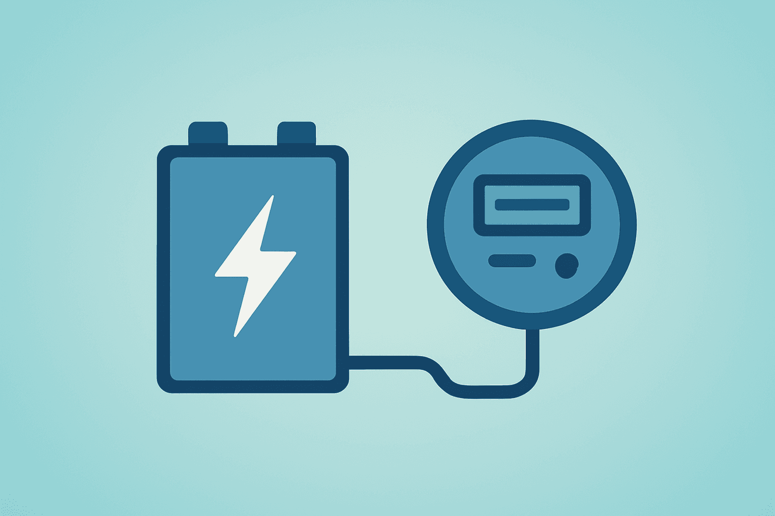 Flat vector of an EV battery linked to a power meter symbolizing the Tesla UK electricity license and utility footing.