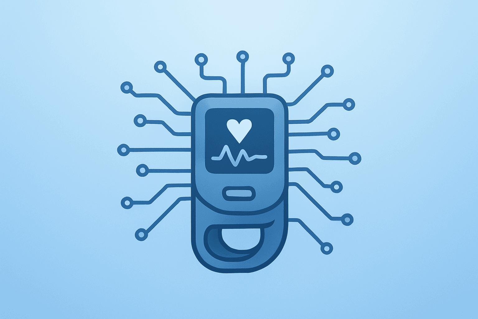 Flat vector of a diagnostics sensor merging into expanding circuitry to symbolize Danaher Acquires Masimo and scale.