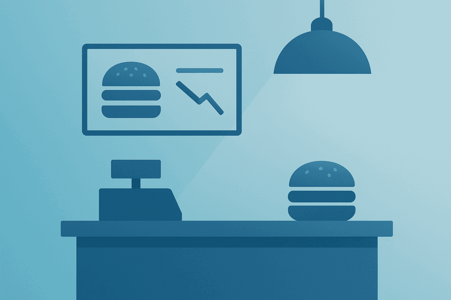Flat vector of a stylized restaurant counter with dimmed light symbolizing Shake Shack Q1 results miss and margin pressure.