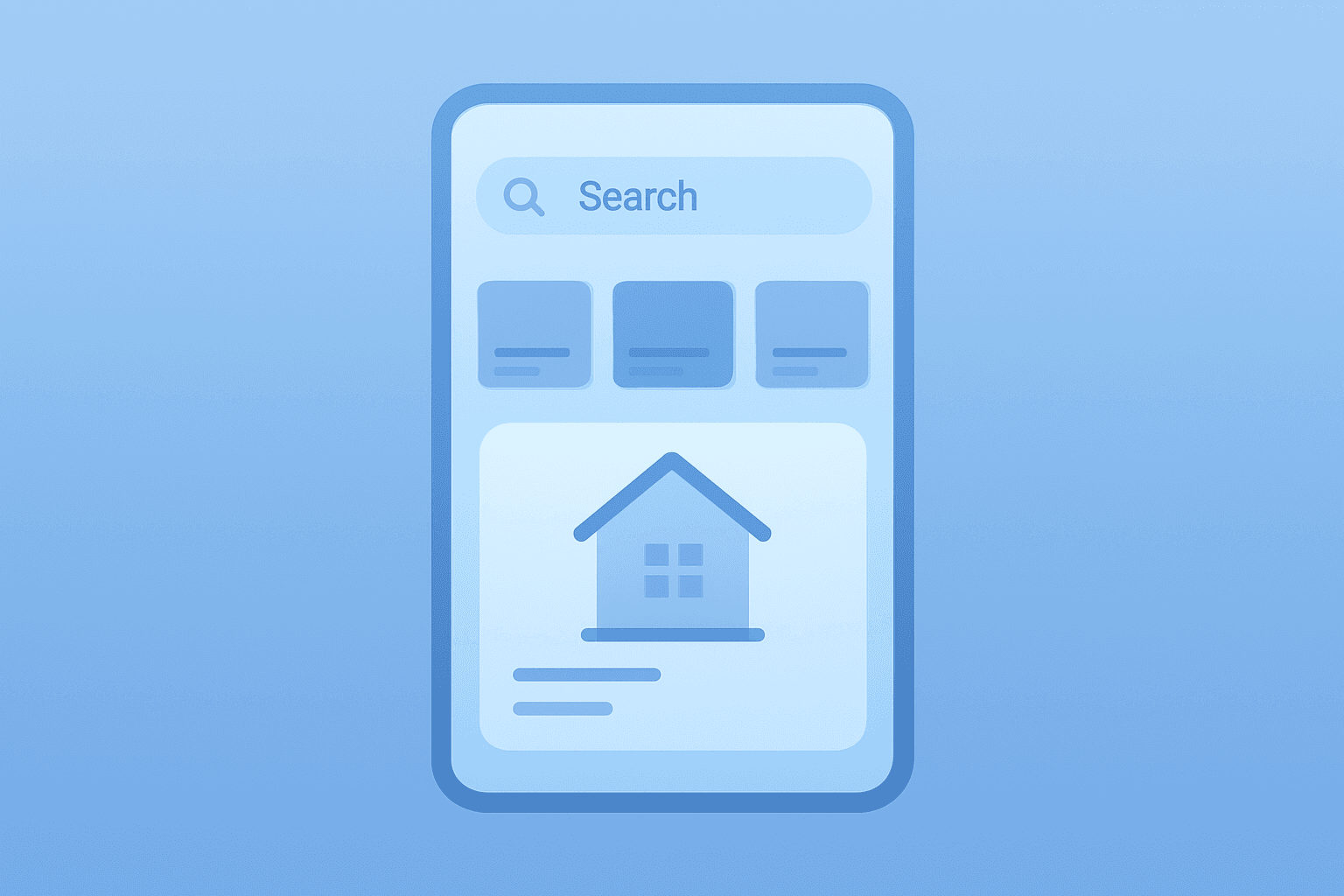 Flat filled vector of a mobile house-listing tile fused with a search server, symbolizing the Google real-estate ad test.