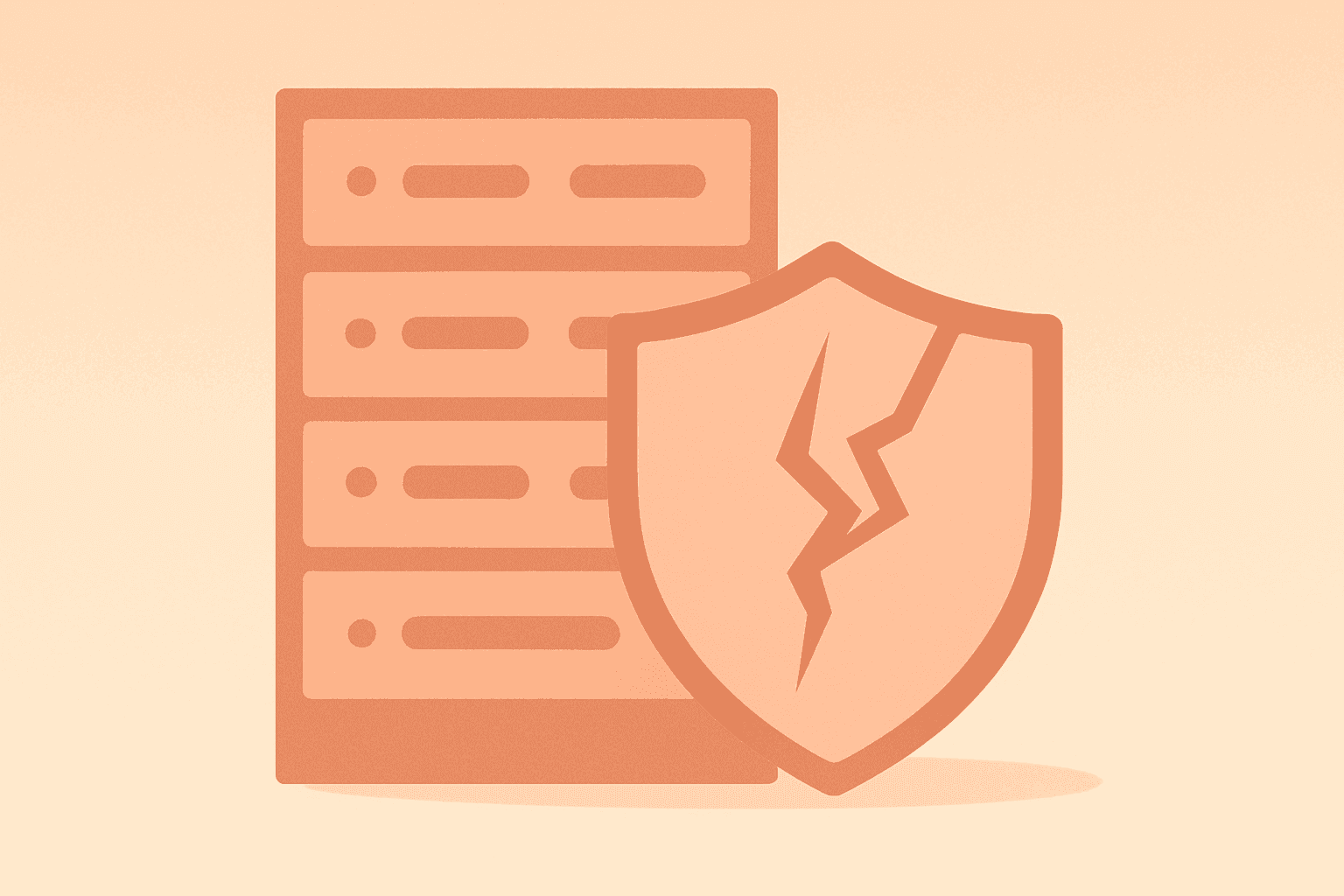 Flat filled vector of a server with a fractured shell symbolizing Google Pentagon AI deal and employee backlash.