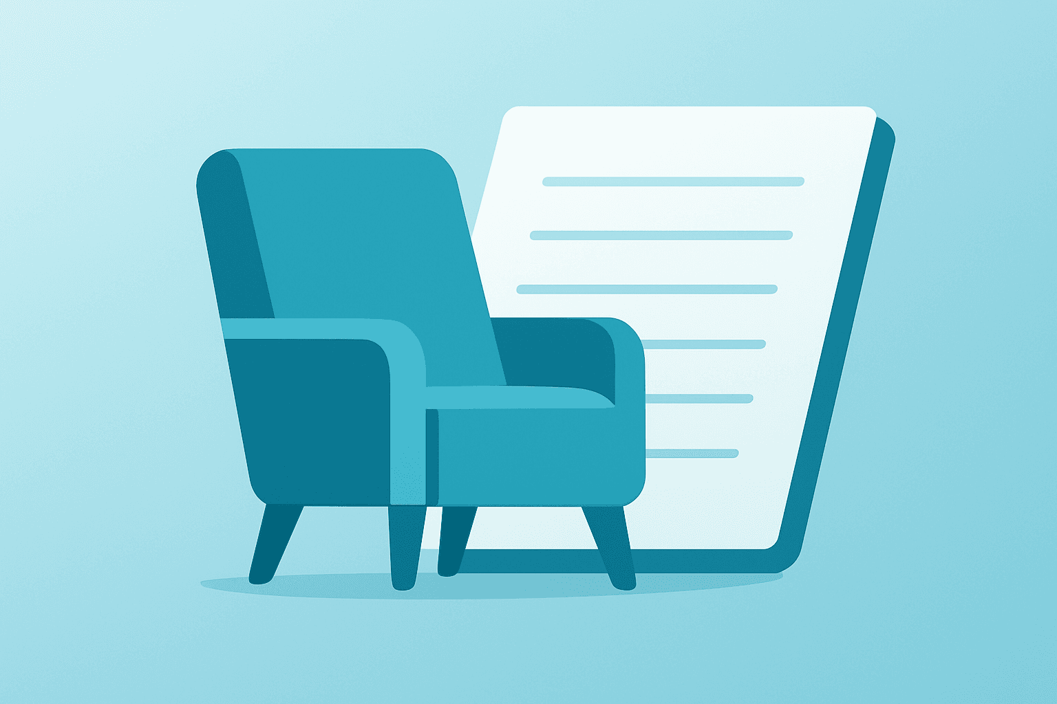 Flat vector showroom armchair merging with ledger pages to symbolize RH Q3 earnings: revenue gains, cash flow and EPS miss