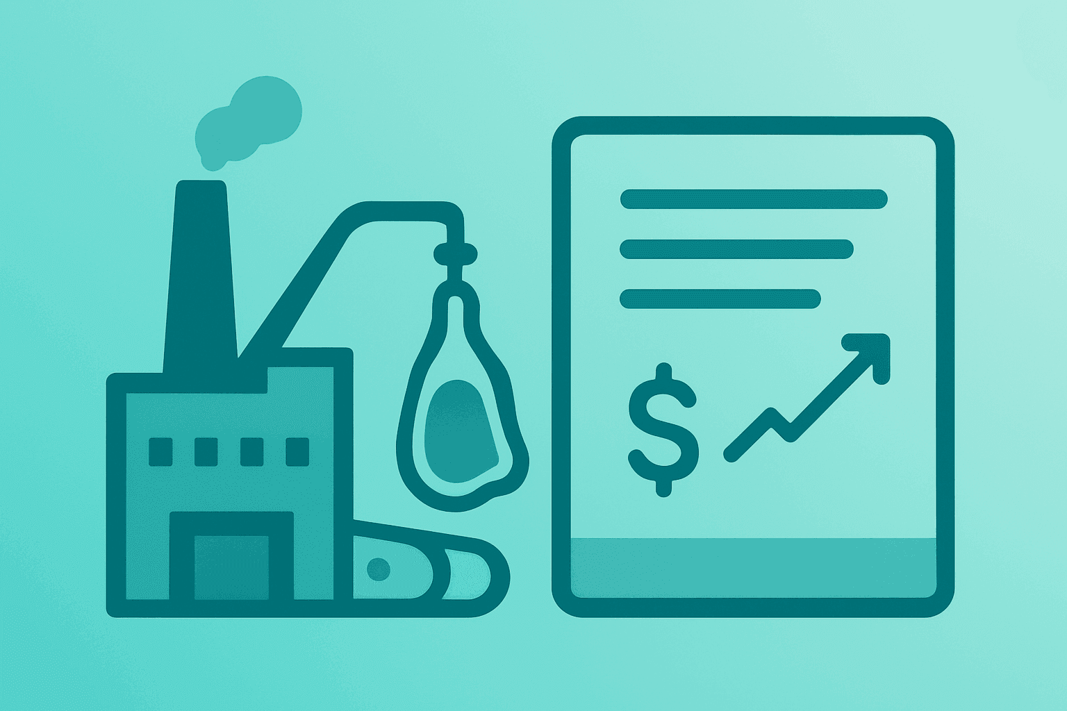 Flat filled vector of a meatpacking plant merged with a ledger to symbolize Tyson Foods Q2 2026 earnings lift and guidance.