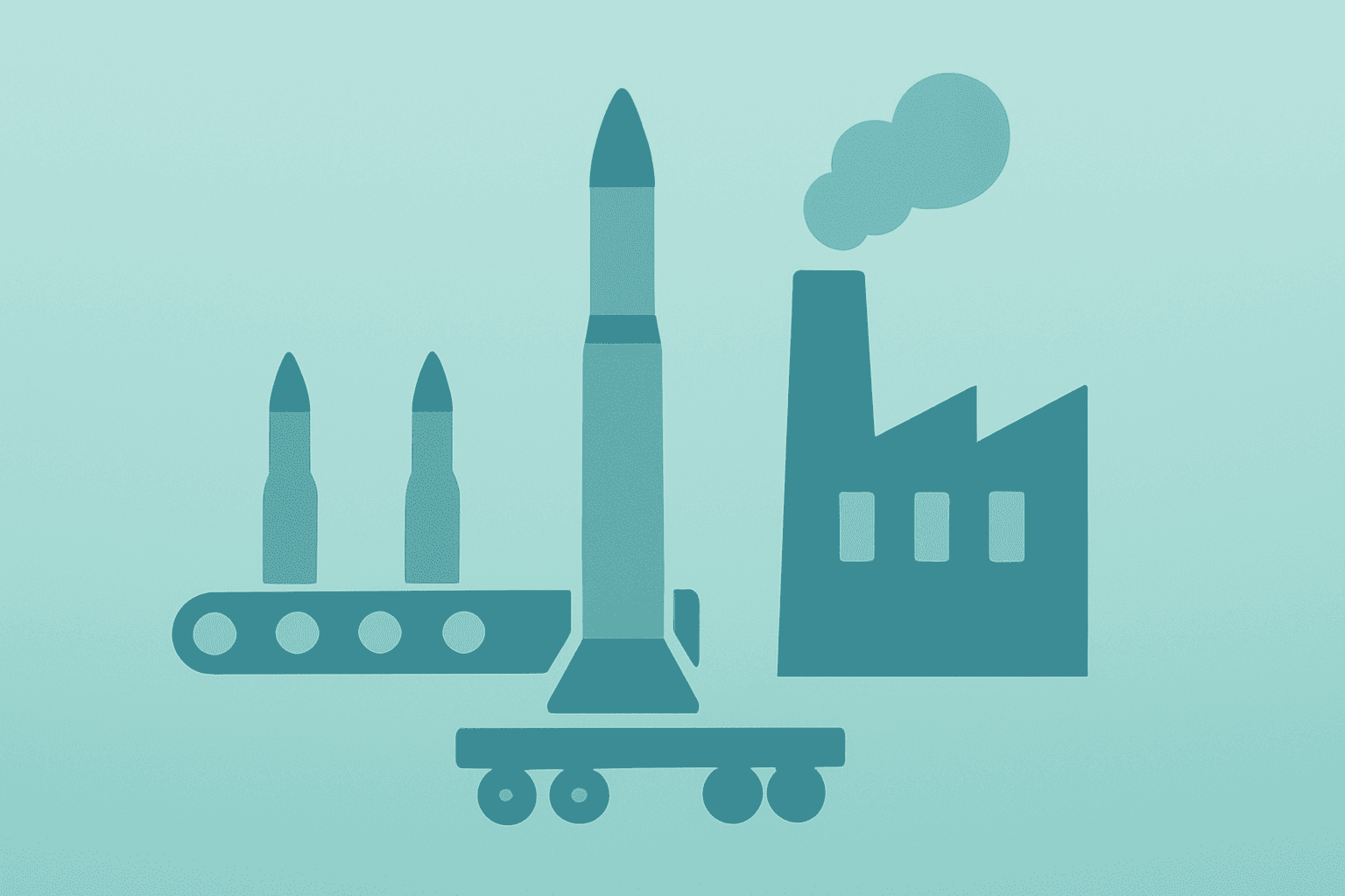 Flat vector of an expanding interceptor assembly and factory shell symbolizing THAAD ramp for Lockheed Martin stock.