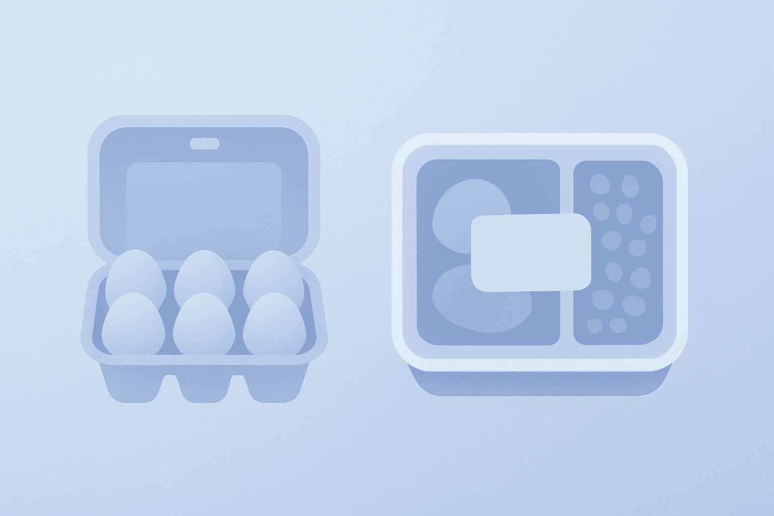 Flat vector of an egg crate morphing into a meal pack to symbolize the Cal-Maine Q3 results mix shift toward specialty items
