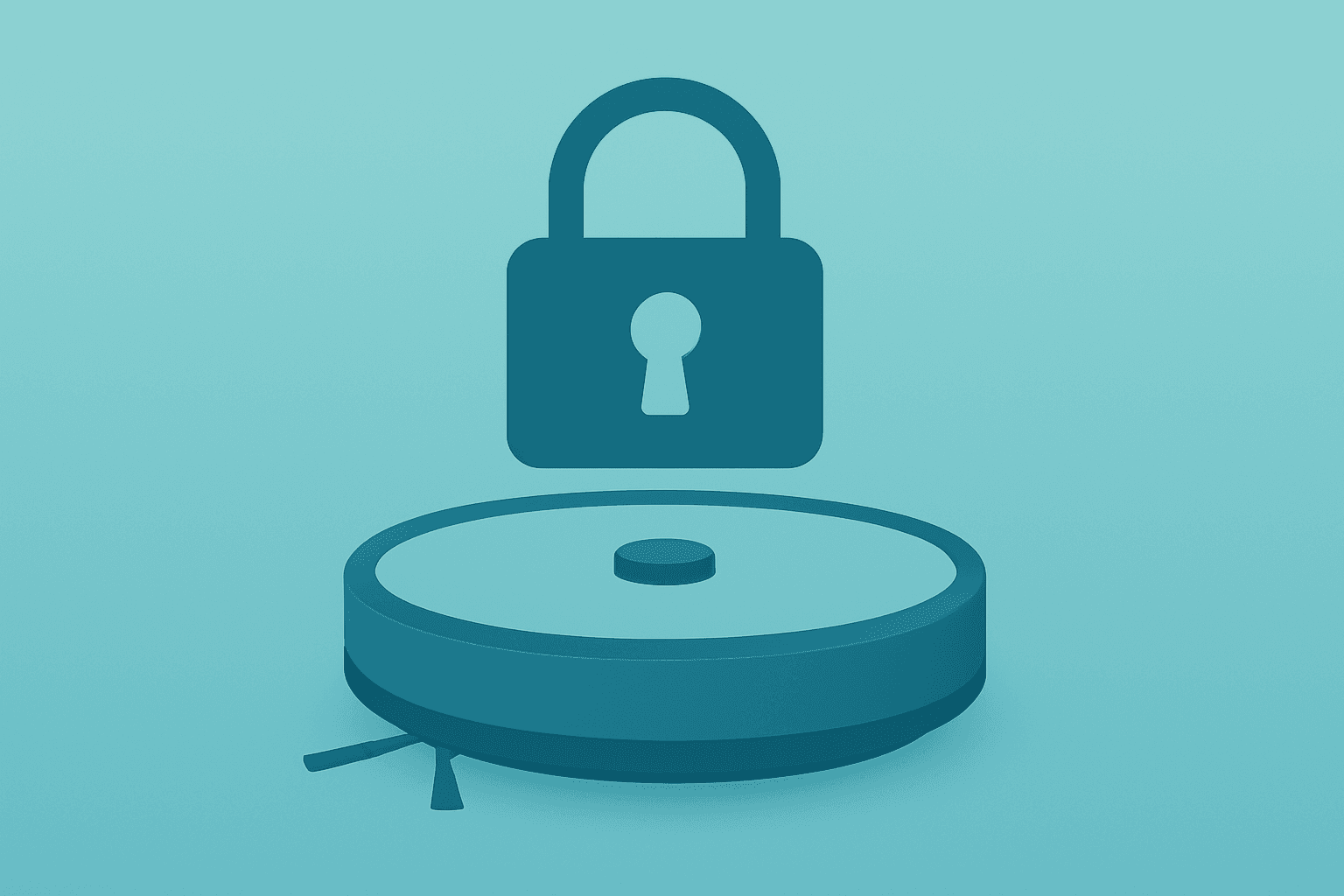 Flat vector of a robotic vacuum under a closed corporate lock symbolizing iRobot bankruptcy and delisting.