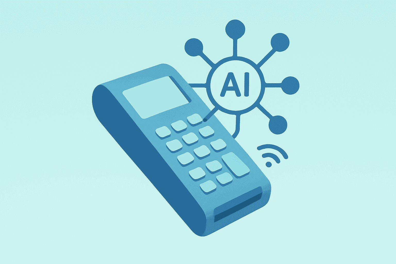 Flat vector checkout terminal sprouting agentic nodes to signal AI-driven commerce momentum for Shopify Q2 2026 earnings.