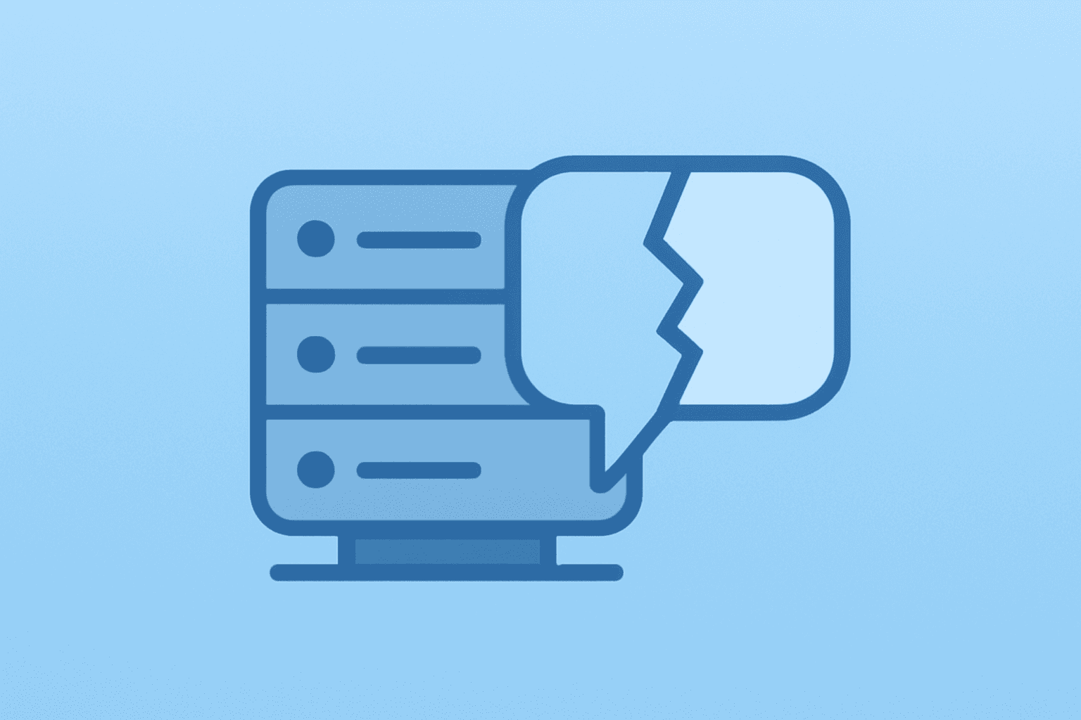 Flat vector of a server fused with a fractured chat bubble symbolizing Google Character.AI settlement legal risk to minors.