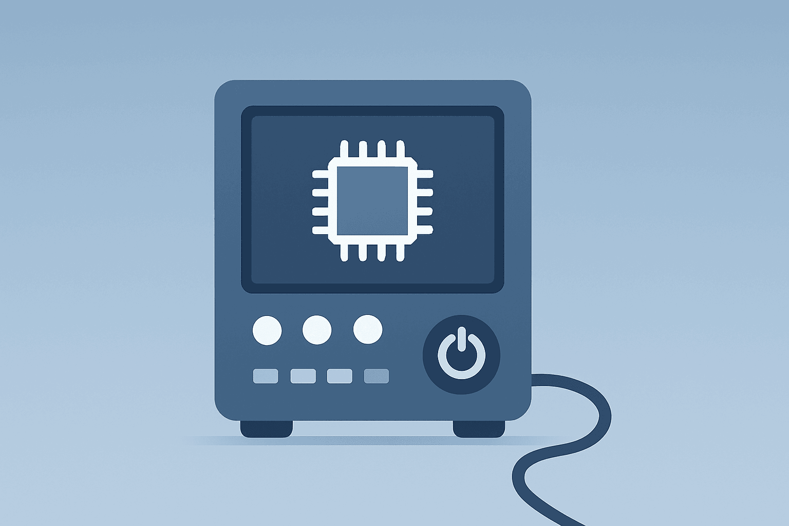 Flat vector of a semiconductor test rack powering up on a light cobalt-silver gradient, showing Teradyne earnings strength.