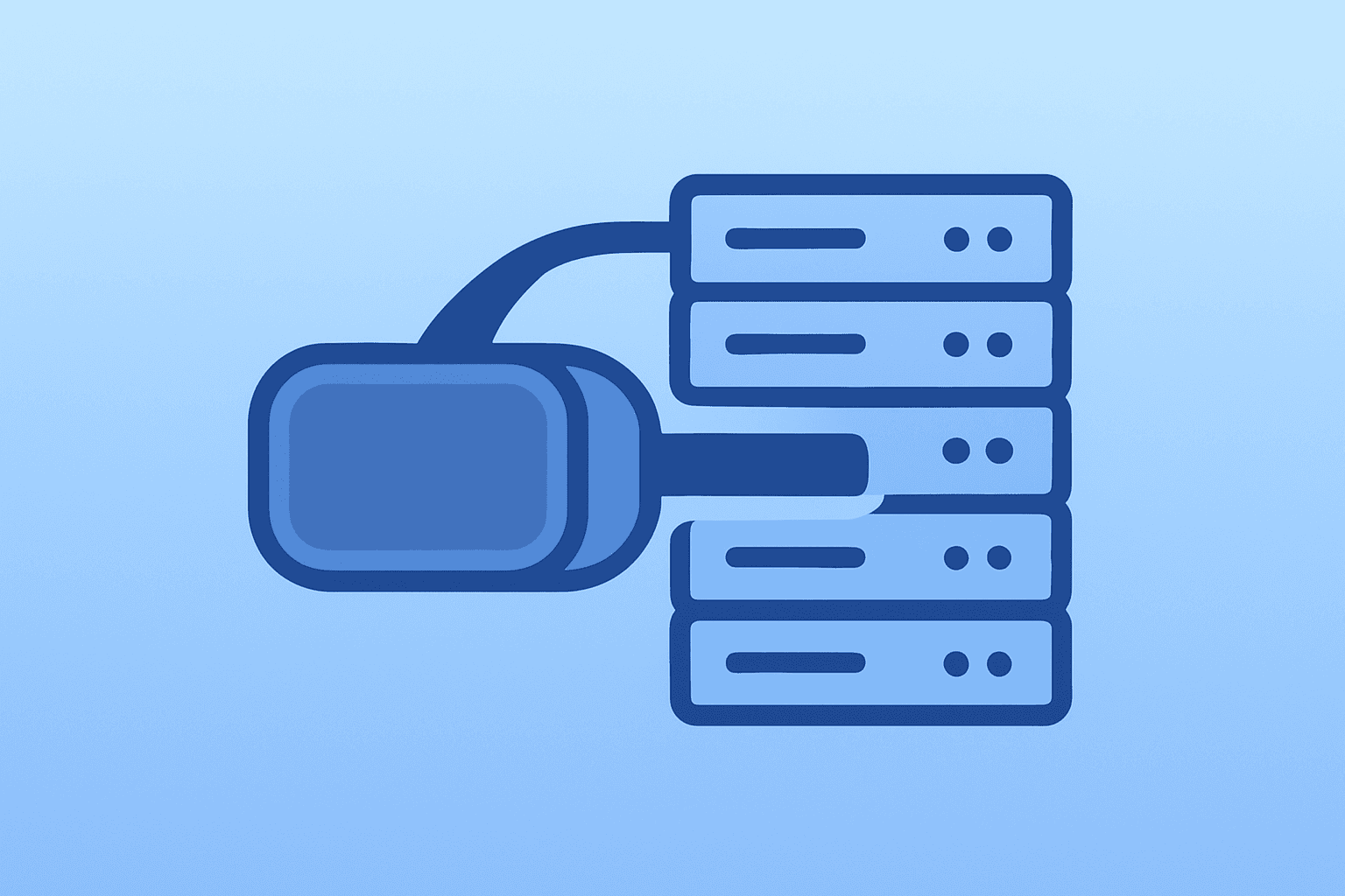 VR headset merging into a server rack on an amber-sand gradient, symbolizing Meta Reality Labs layoffs and AI shift.