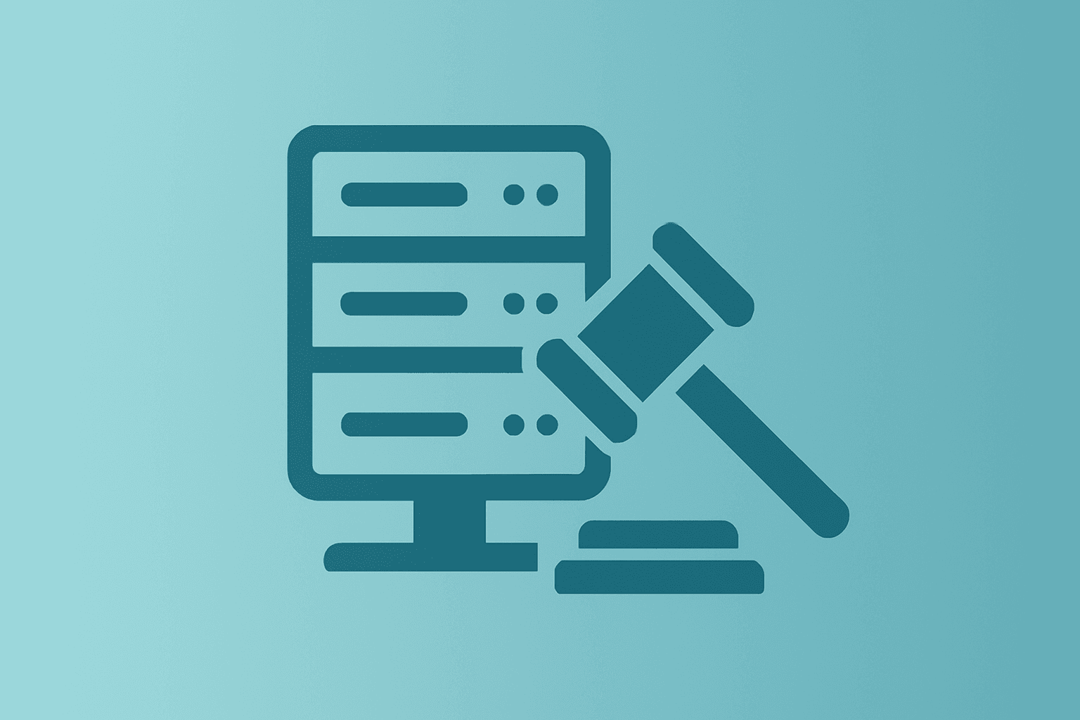 Flat vector of a server and stylized courthouse gavel representing the Meta antitrust ruling and easing regulatory risk.