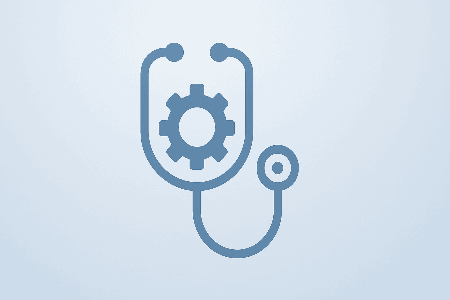 Stethoscope fused with gear on slate-ice gradient symbolizing Optum gains and cost control for UnitedHealth earnings.