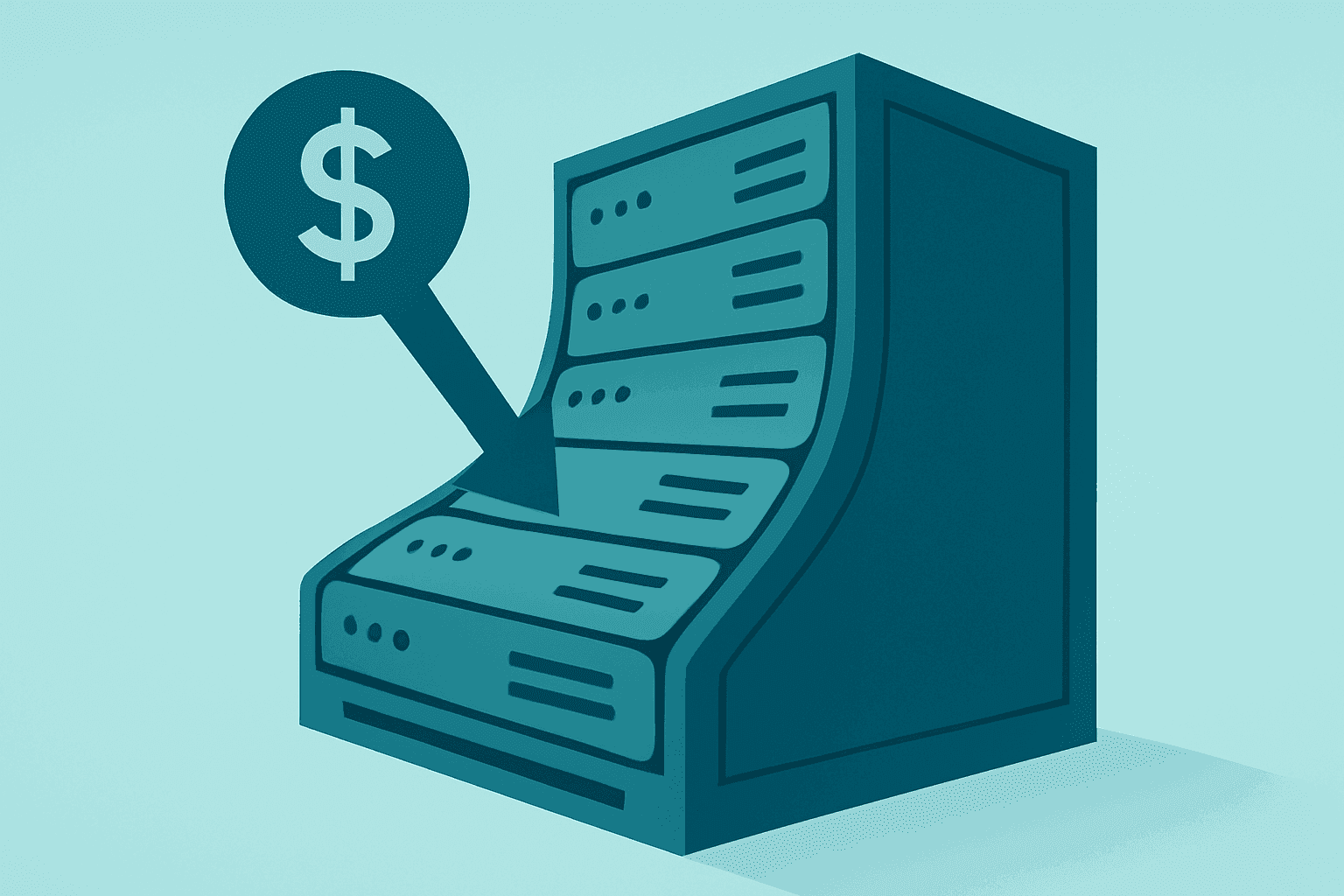 Flat-vector server rack under expanding compute load with a subtle funding band reflecting Alphabet Q2 results.