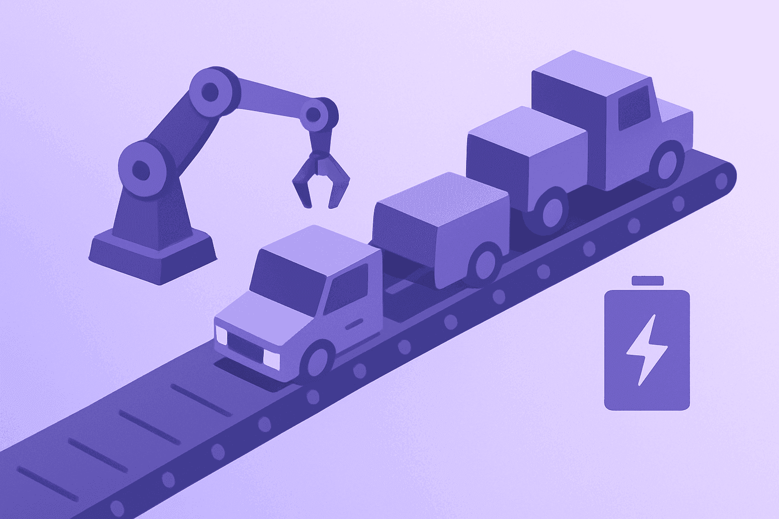 Flat vector of an electric truck assembly line evoking Tesla Semi production ramp at Sparks Nevada, minimal shadow lift