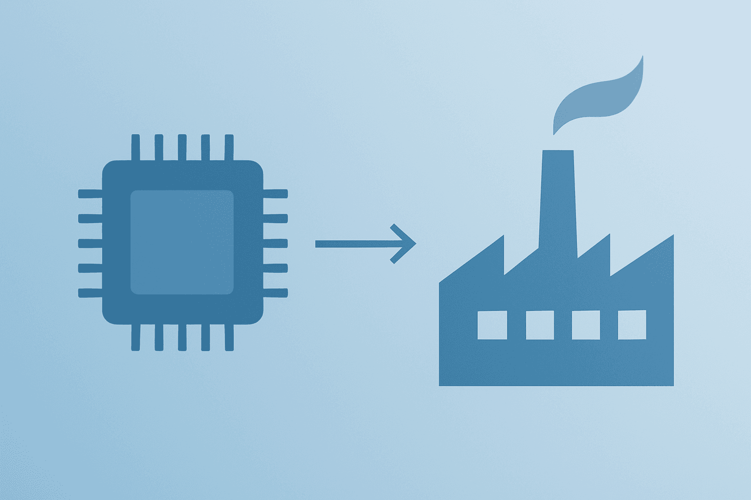 Flat-vector chip inside simplified factory to represent Apple U.S. manufacturing investment and U.S. onshoring of sensor ICs.
