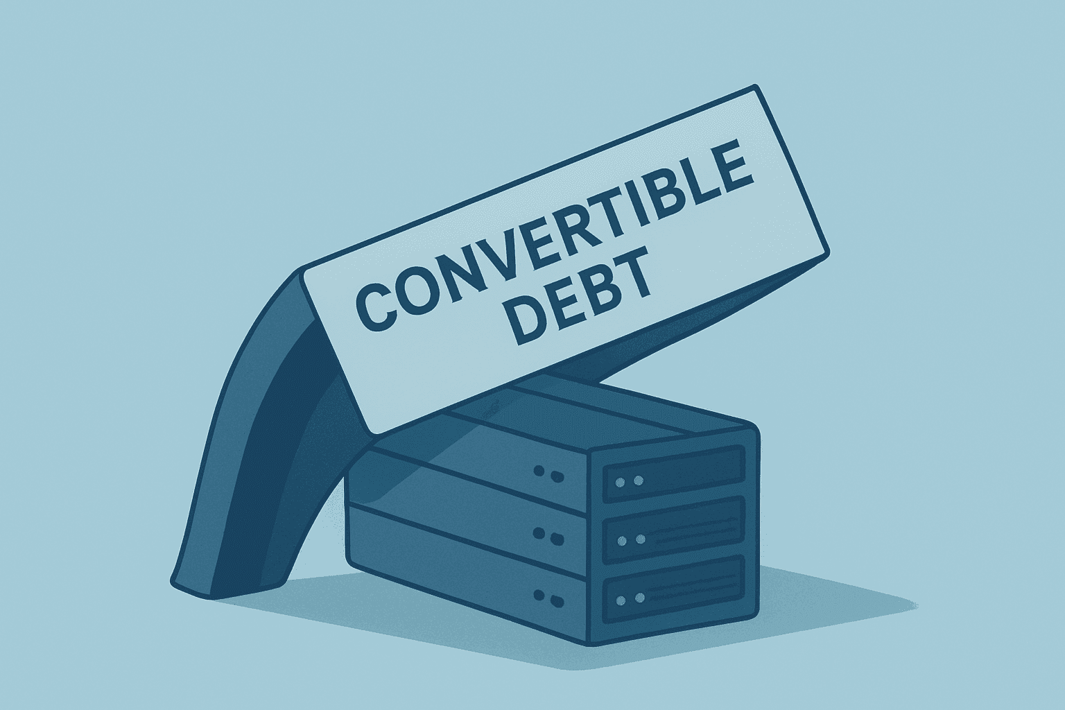 Flat filled vector of a server rack swelling under financing pressure, editorial cover referencing Nebius convertible notes.