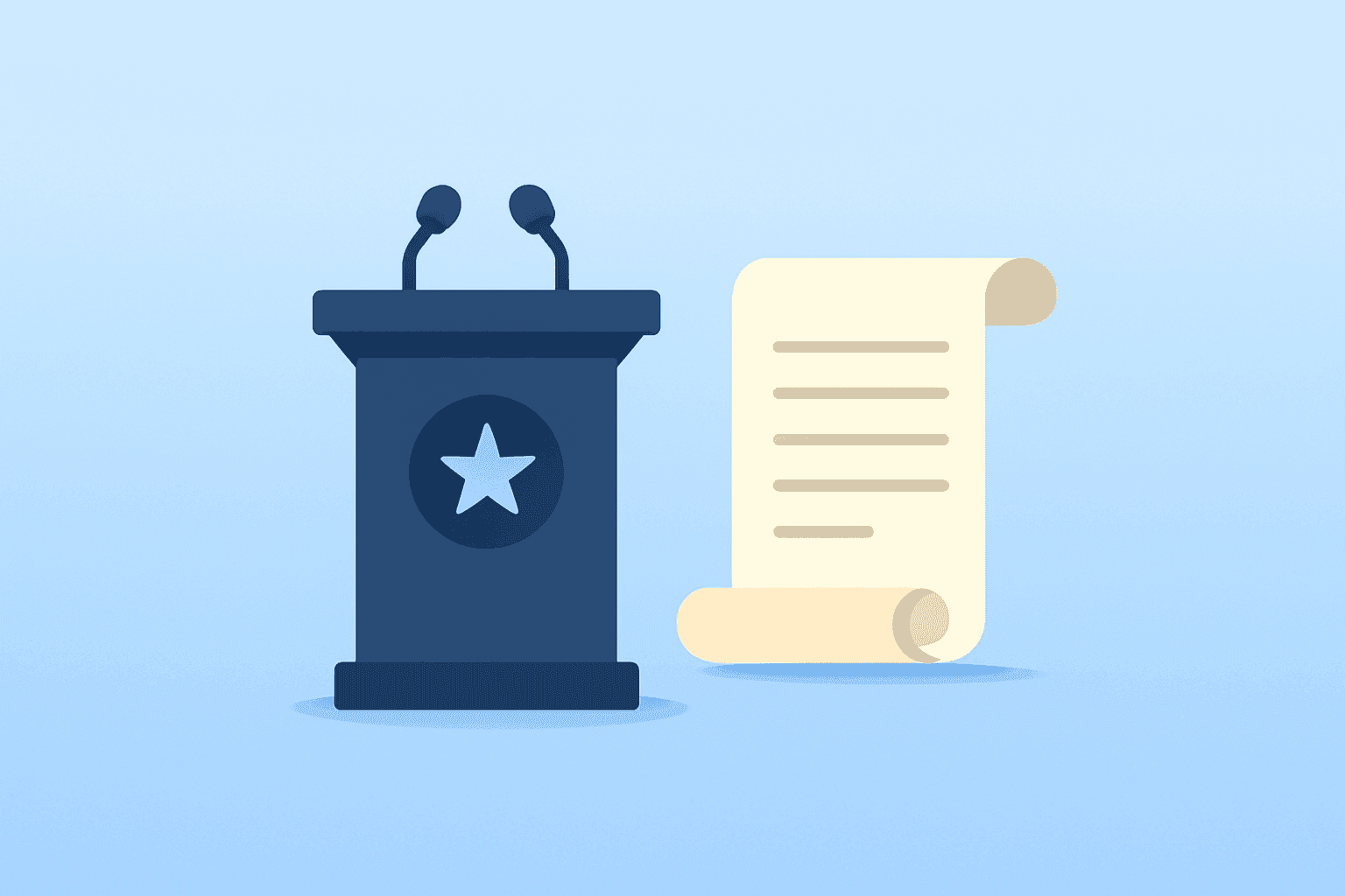 Flat filled vector of a single governor podium and waiting oath scroll, signaling Powell Term Ends as Fed Chair.