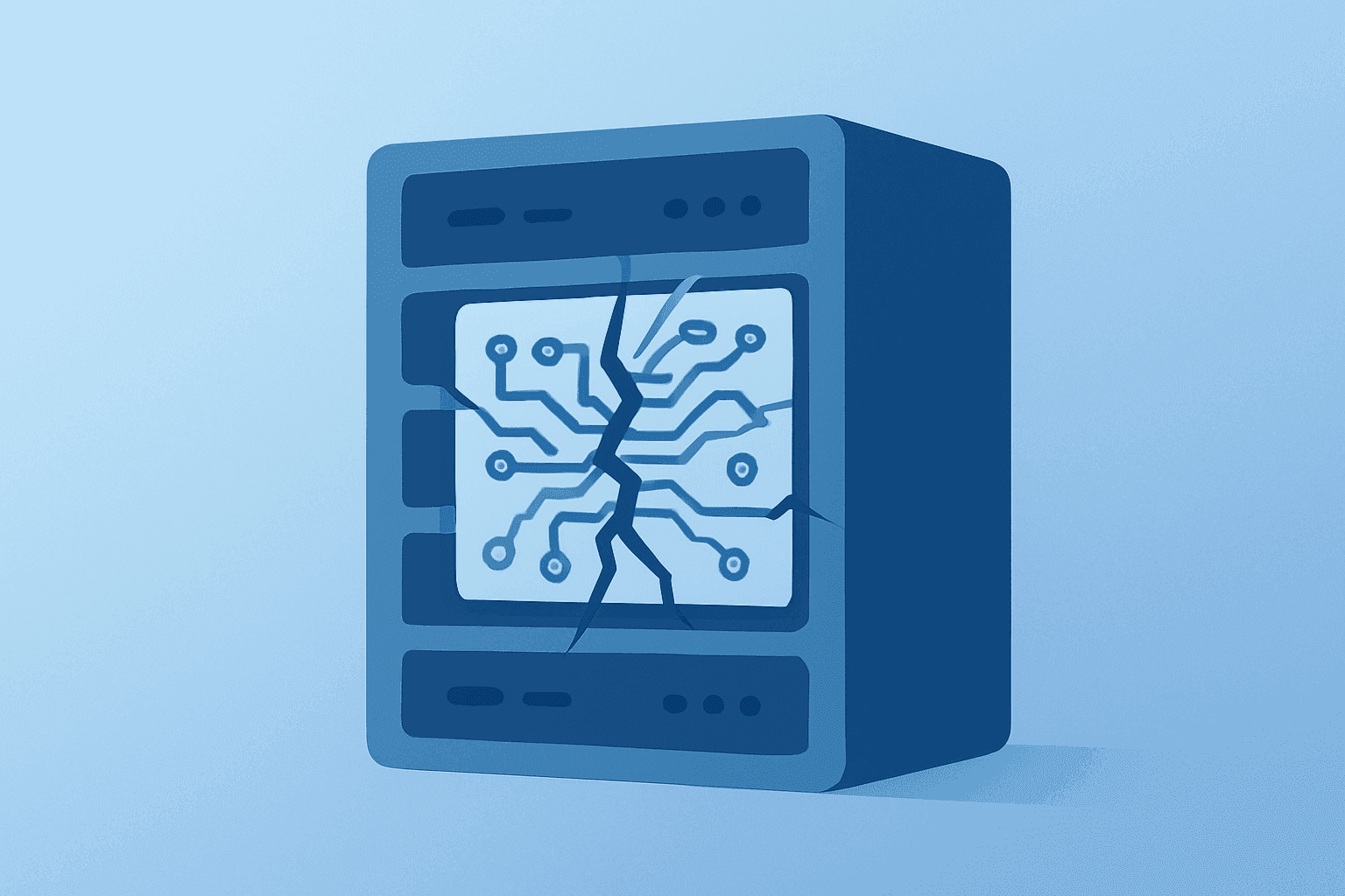 Flat centered vector of a server rack with a fractured circuit board, symbolizing Nvidia Kyber delay on a violet-mist gradient