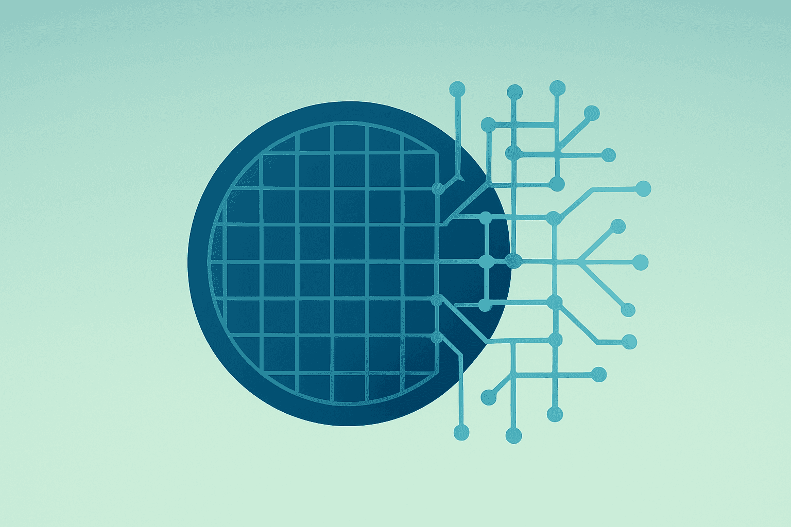 Flat-vector chip fused with expanding circuit to symbolize Synopsys earnings lift from AI demand and acquisition integration