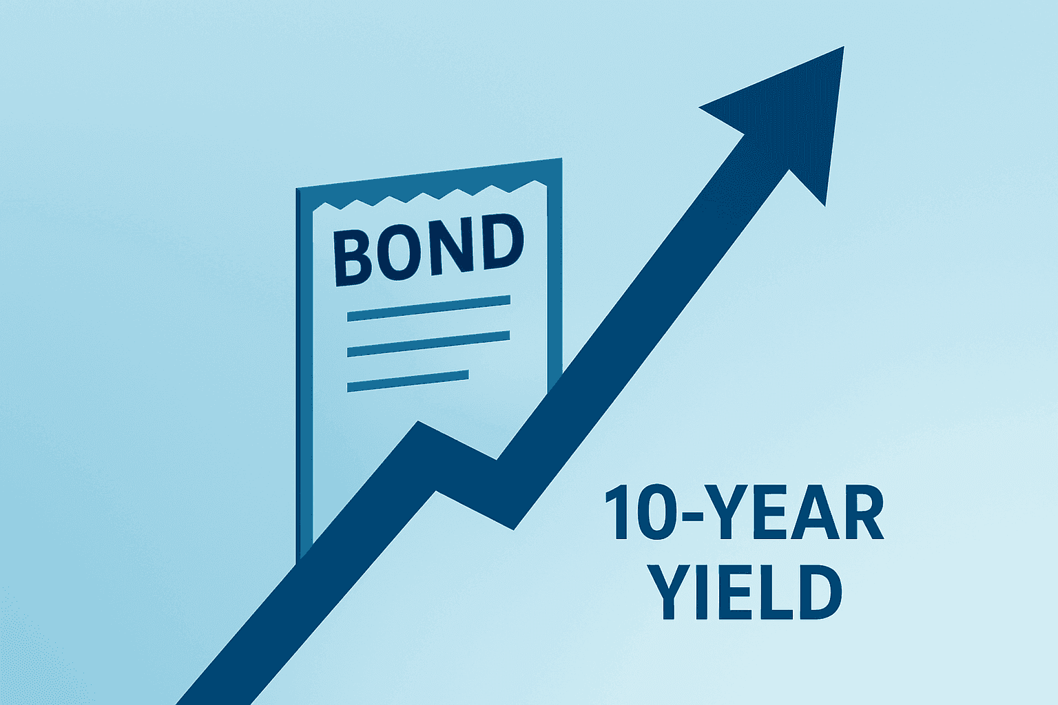 Flat filled vector of a stylized bond tower rising to represent the 10-year Treasury yield after a strong flash PMI reading.