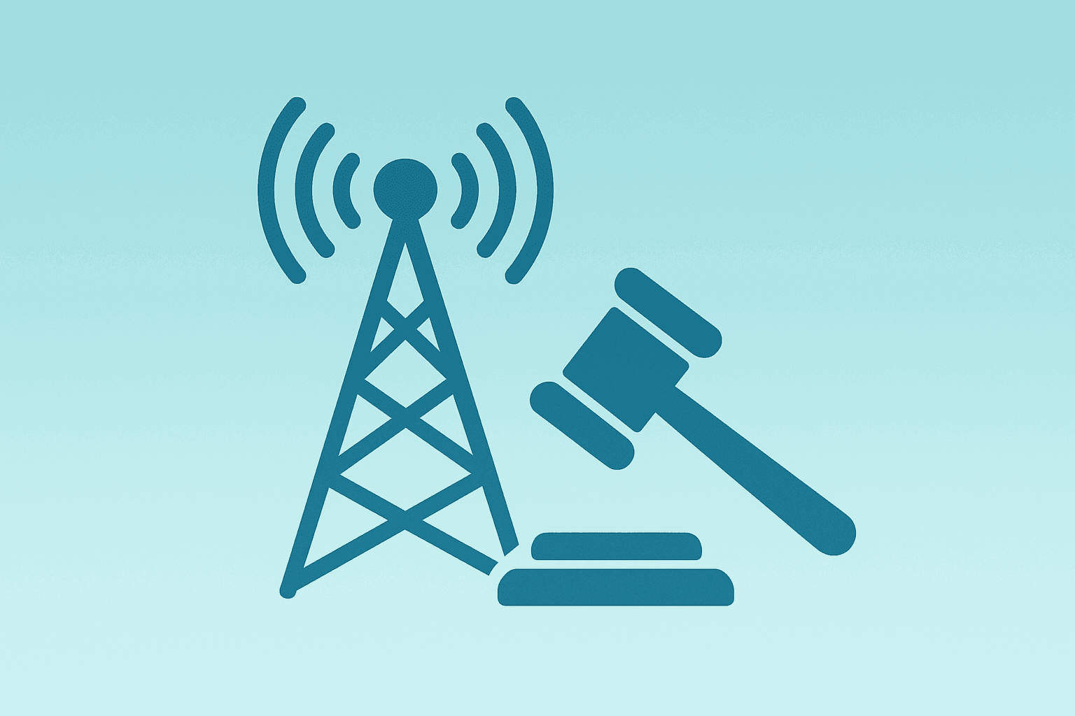 Flat vector of a broadcast tower beside a legal gavel, symbolizing Disney Sues FCC legal fight over licenses.