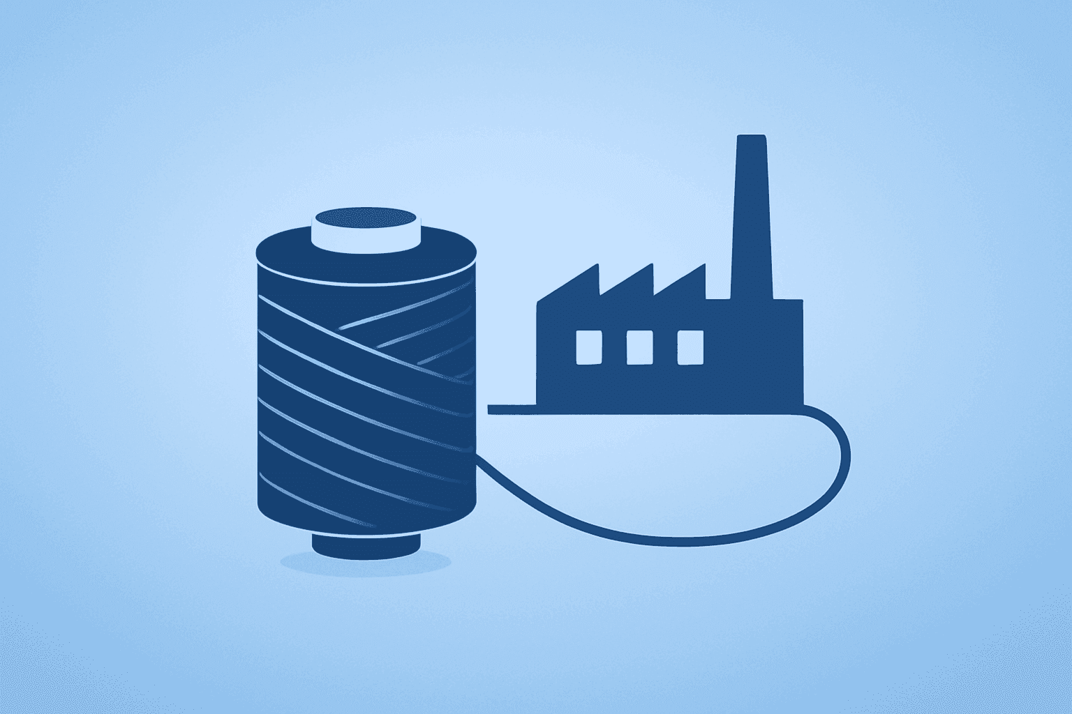 Flat vector of a factory-fed fiber spool representing the Amazon Corning fiber-optic deal and NC plant expansion.