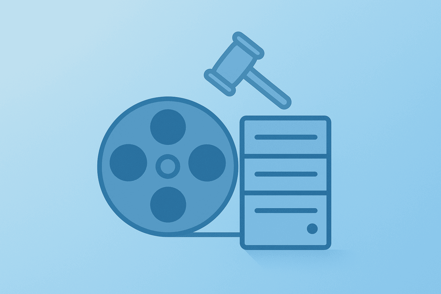 Minimal flat vector of a studio vault with film reel and server to represent Netflix bid for Warner Bros. Discovery.