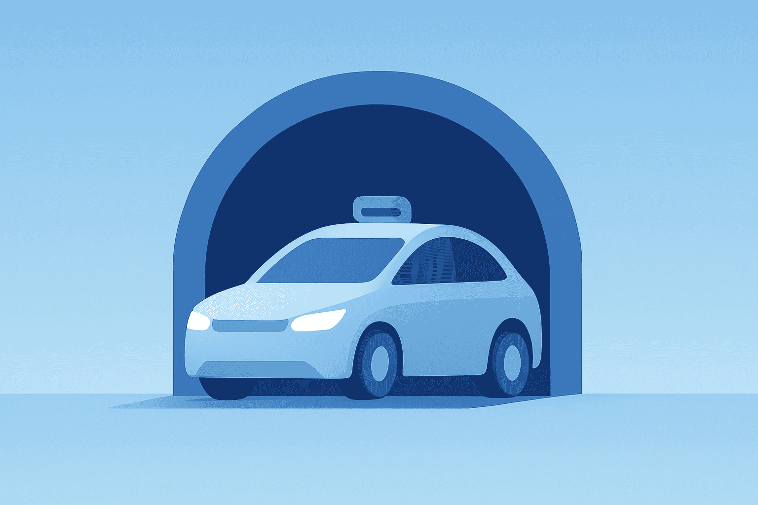 Flat vector of a stylized robotaxi car exiting an assembly tunnel to illustrate Tesla Cybercab production ramp.