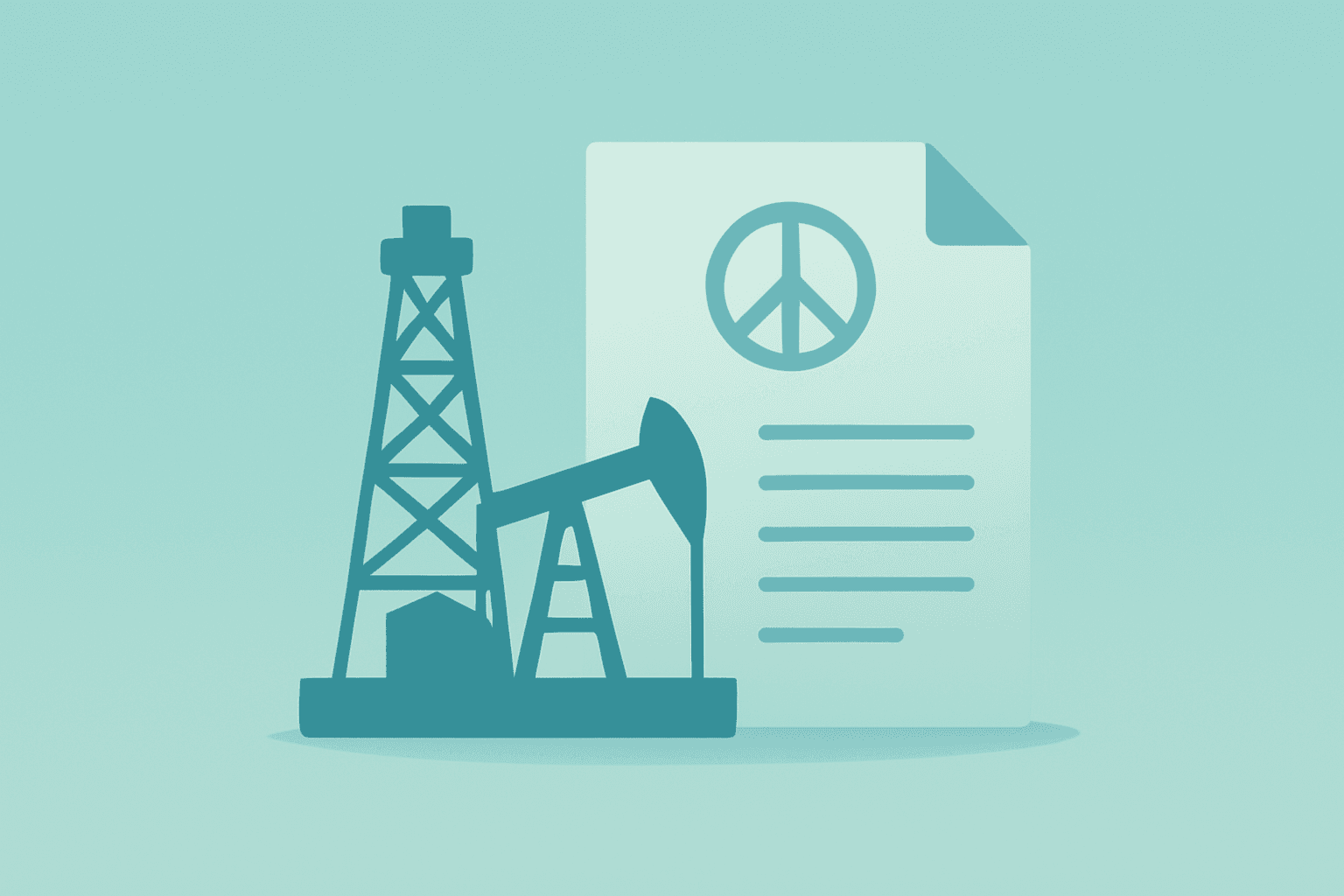 Flat vector of an oil rig silhouette beside a folded diplomatic paper, evoking Iran Peace Talks and easing market tension.