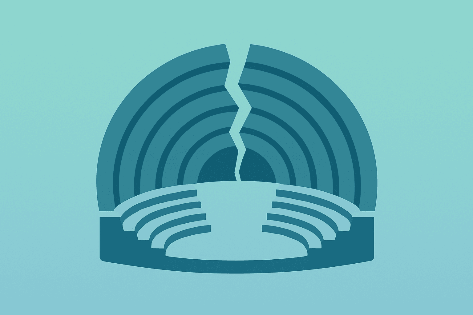 Flat vector of a splitting venue shell representing Live Nation settlement and amphitheater divestitures.