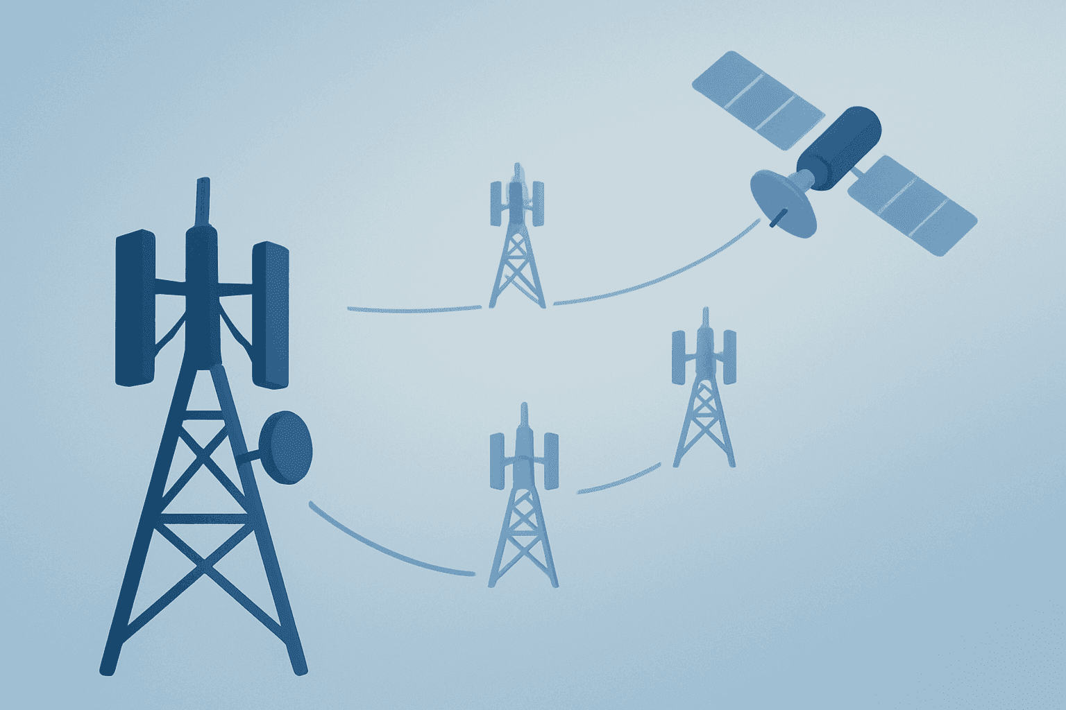 Flat-vector satellite merging with a terrestrial tower to symbolize SpaceX cell sites negotiations and tower access
