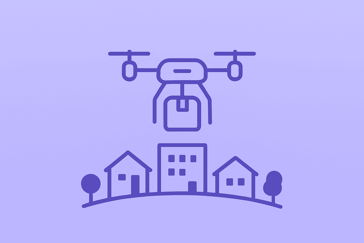 Flat filled vector of a delivery drone expanding service footprint over suburban hubs, representing Amazon drone delivery.