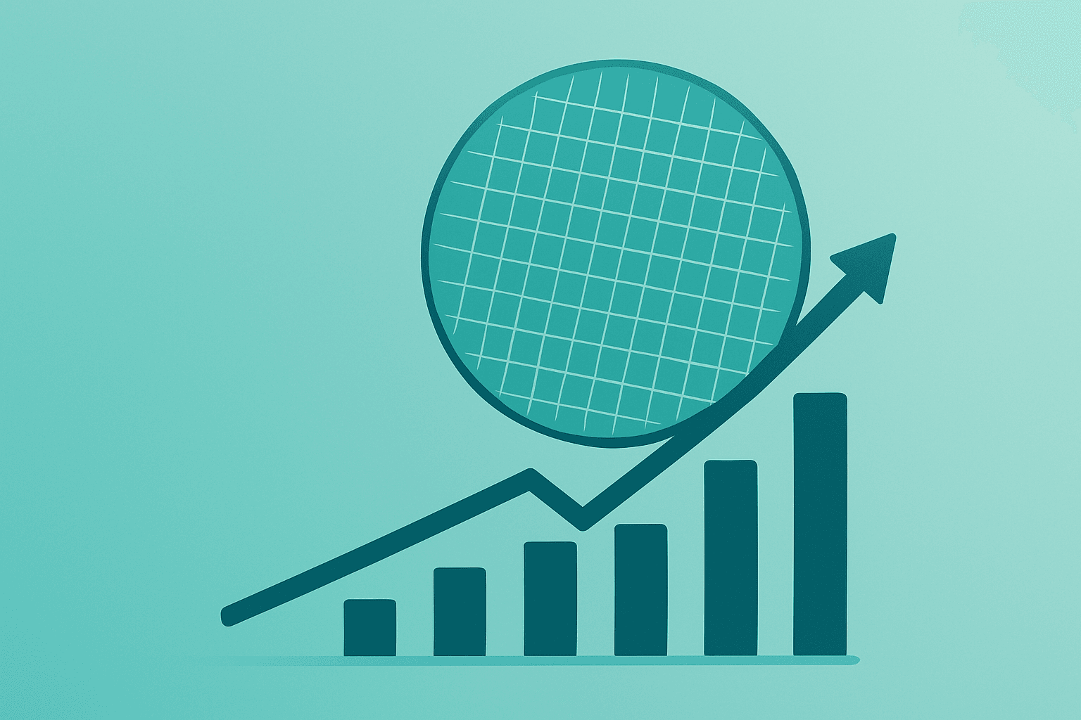 Flat vector of a chip module beside factory shapes symbolizing Intel Core Ultra Series 3 manufacturing scale and foundry