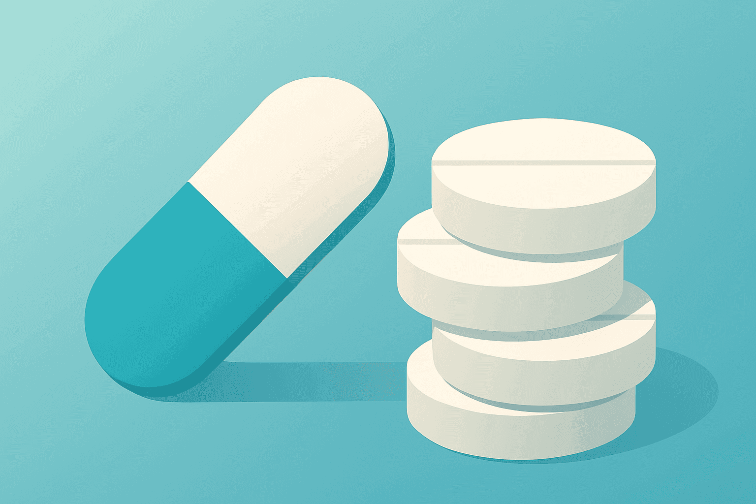 Flat vector of a medicine capsule merging into stacked tablets depicting the Supernus Indivior merger.