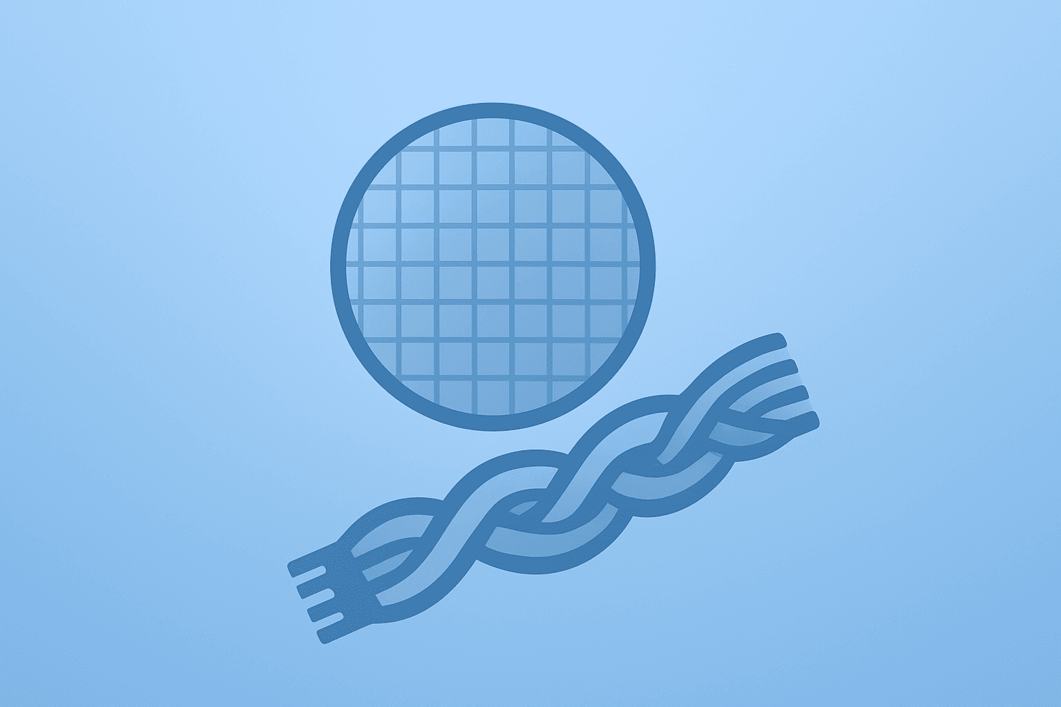 Flat vector of an AI server chip with expanding circuits, symbolizing the Nvidia OpenAI investment and strategic tension.