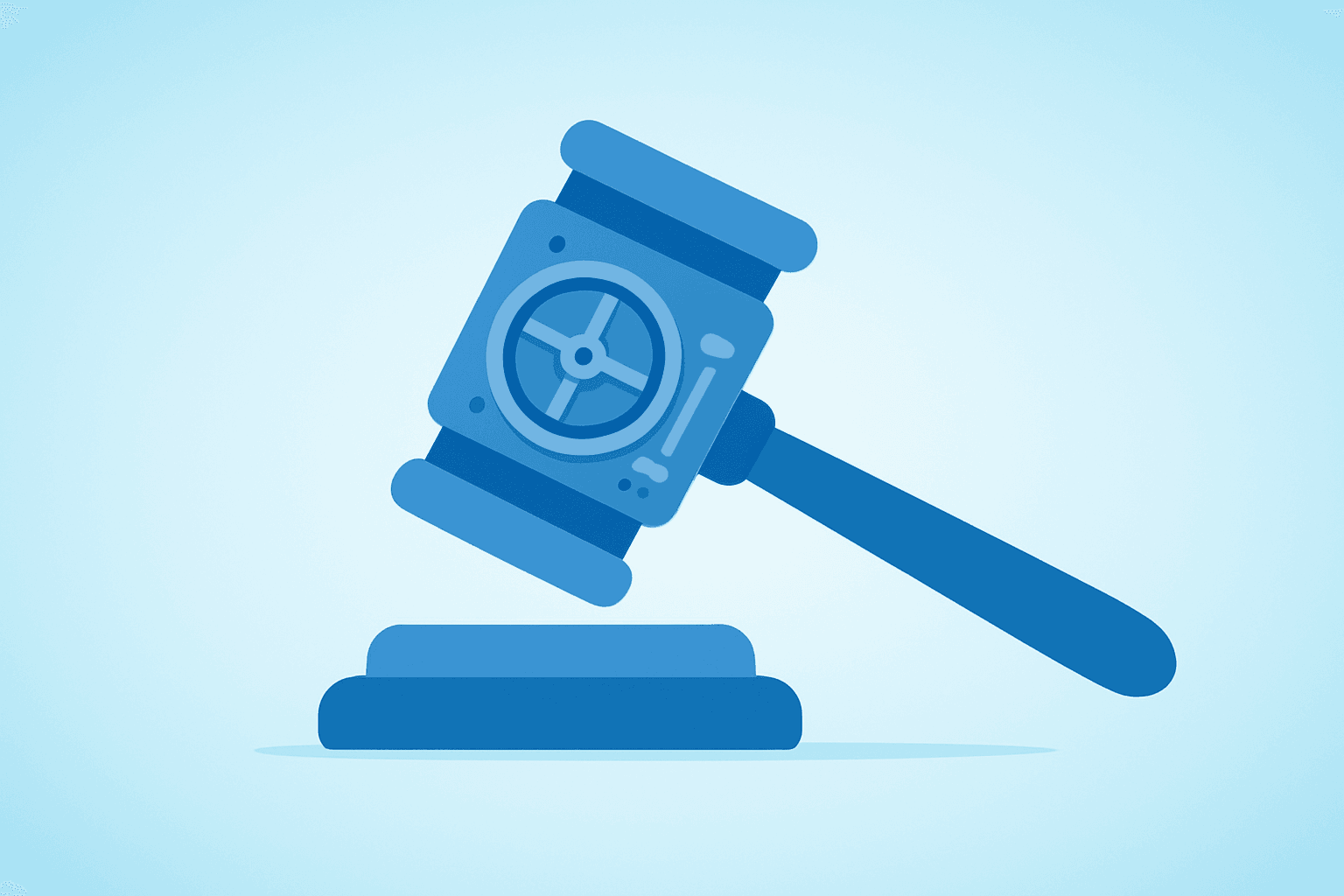 Flat filled vector of a central bank gavel fused with a tightening vault to symbolize Kevin Warsh Fed Chair and policy firming