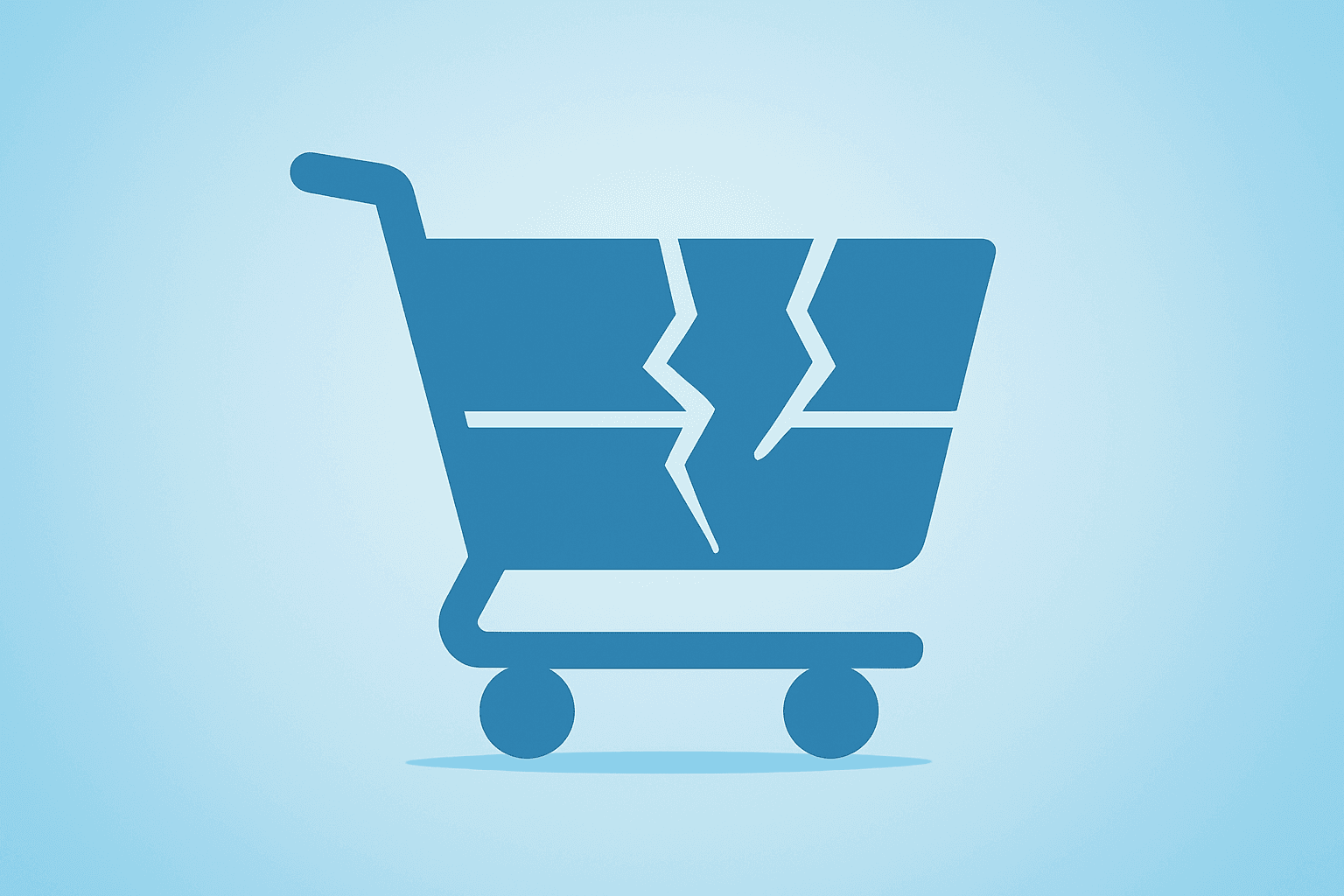 Flat vector of a marketplace shopping cart with fractured compartments to symbolize eBay layoffs and ongoing restructuring.