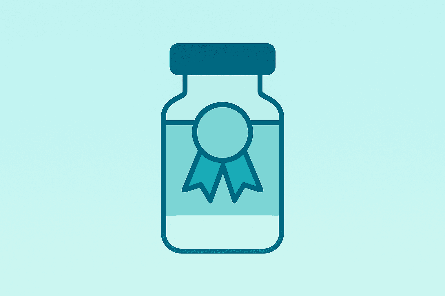 Centered flat-vector drug vial with a fraying royalty ribbon representing the GSK AnaptysBio lawsuit and royalty risk.