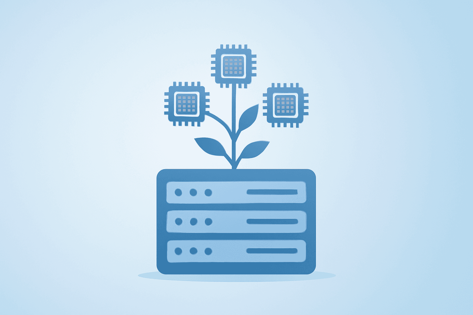 Flat vector of a server rack sprouting silicon tiles to symbolize Meta AI chips roadmap and data-center expansion.