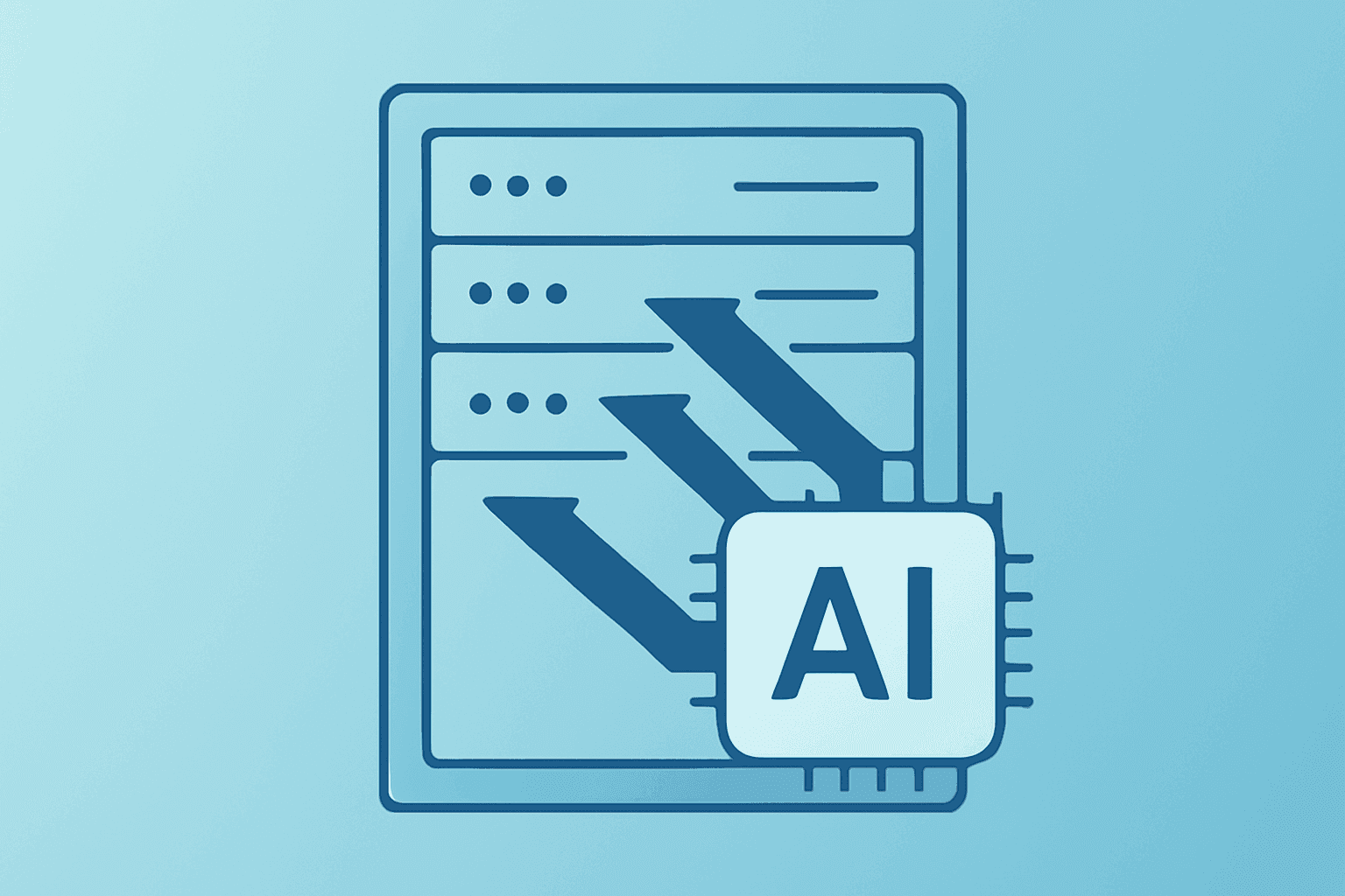 Flat vector server stack shedding modules to symbolize Meta layoffs and a shift toward AI investments.