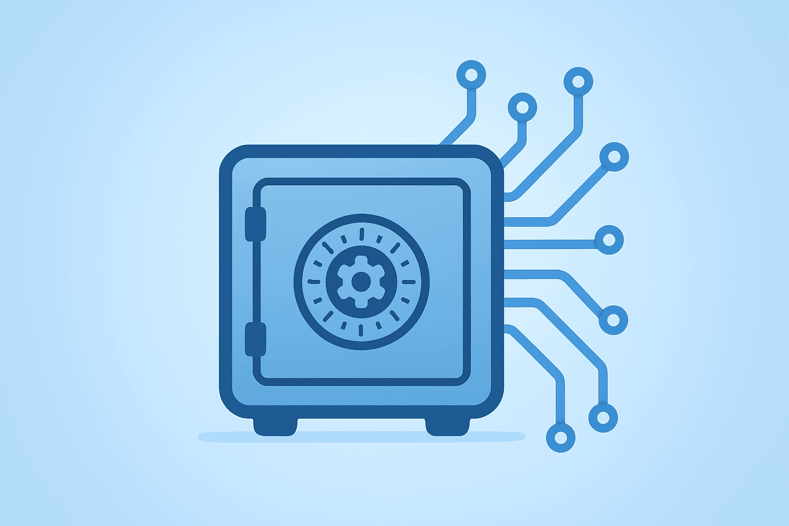 Flat filled vector of a data vault with expanding circuits symbolizing the Palantir stock upgrade and 2026 revenue surge.