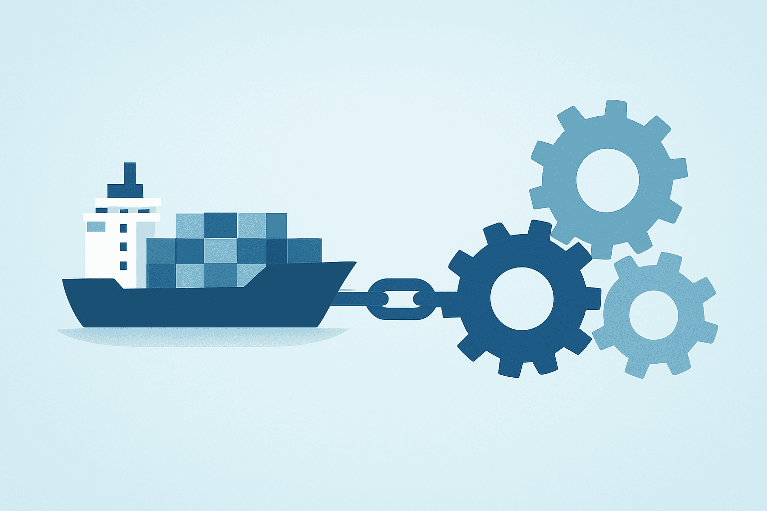 Flat vector of a container ship merging with industrial gears to symbolize EU-India Trade Deal tariff cuts and export growth.