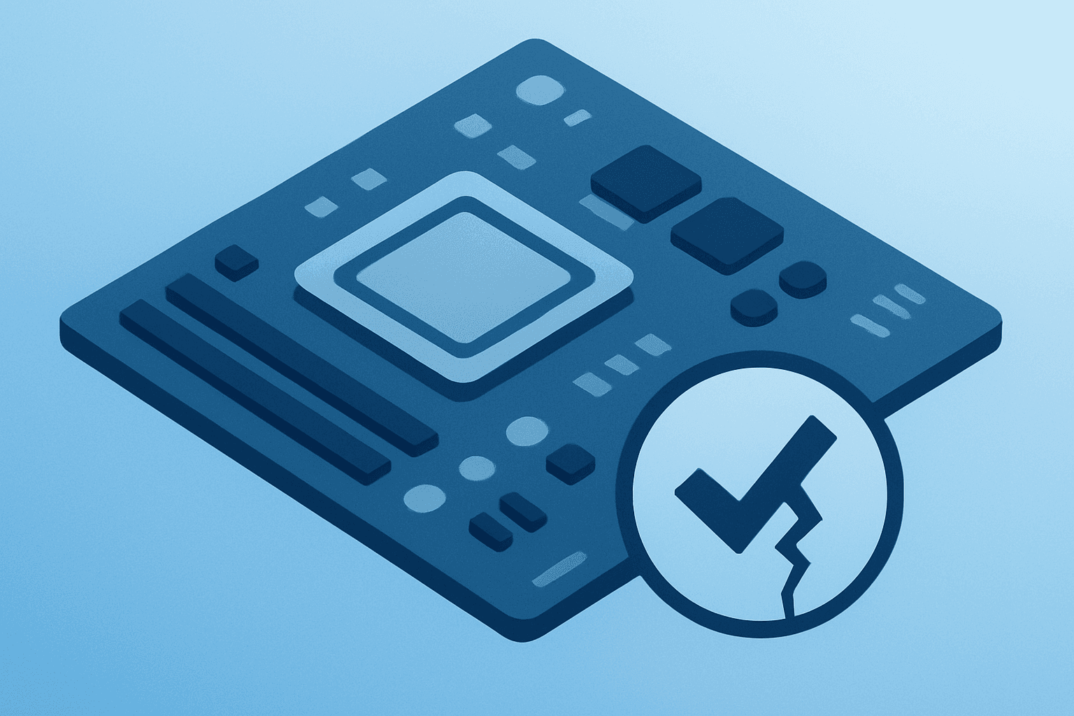 Flat filled vector of a motherboard with cracked compliance seal symbolizing governance risk from Super Micro indictment.