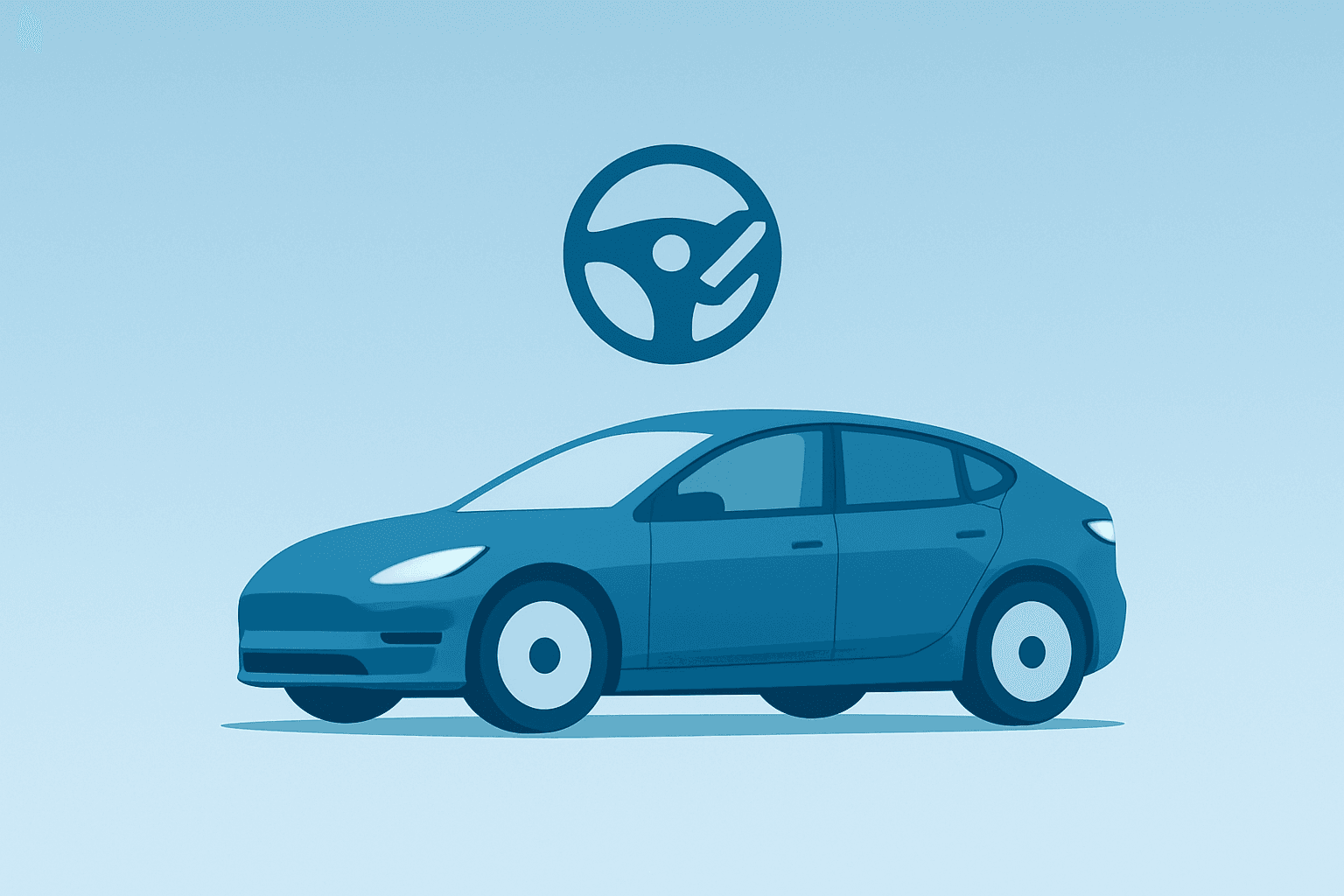 Minimalist flat vector of an electric hatchback preparing for a supervised pilot, evoking Uber Nissan Robotaxi MOU.