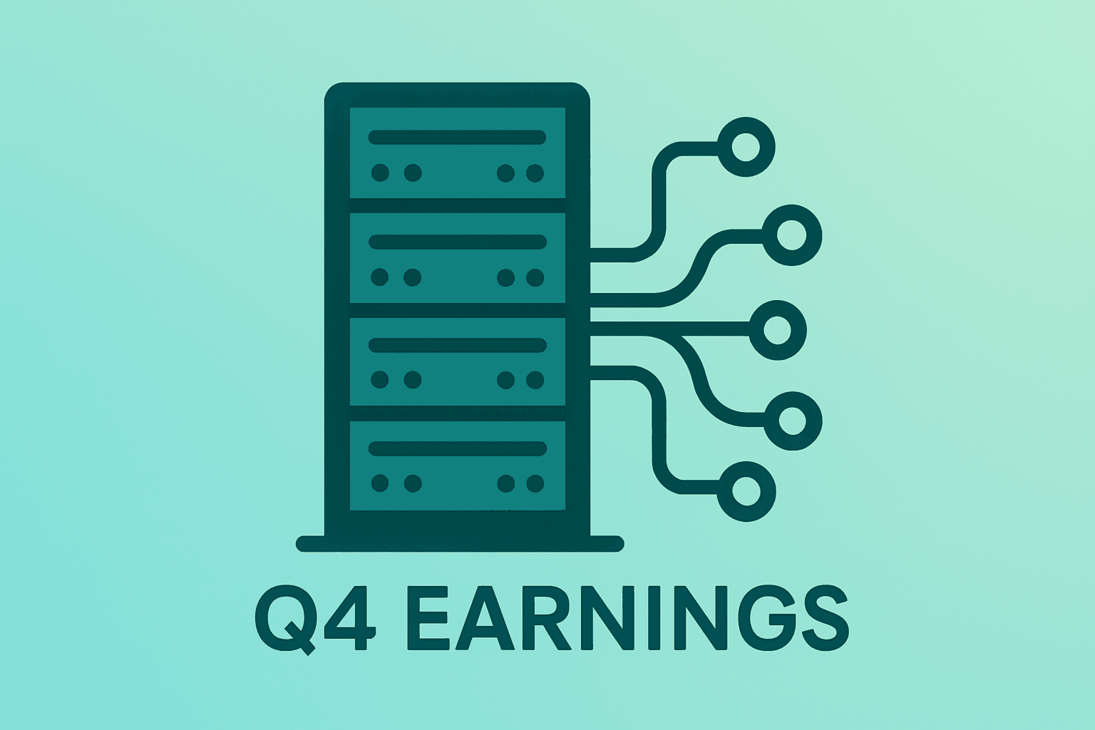 Flat vector of a server tower merging with an expanding circuit to evoke Alphabet Q4 earnings and AI momentum.