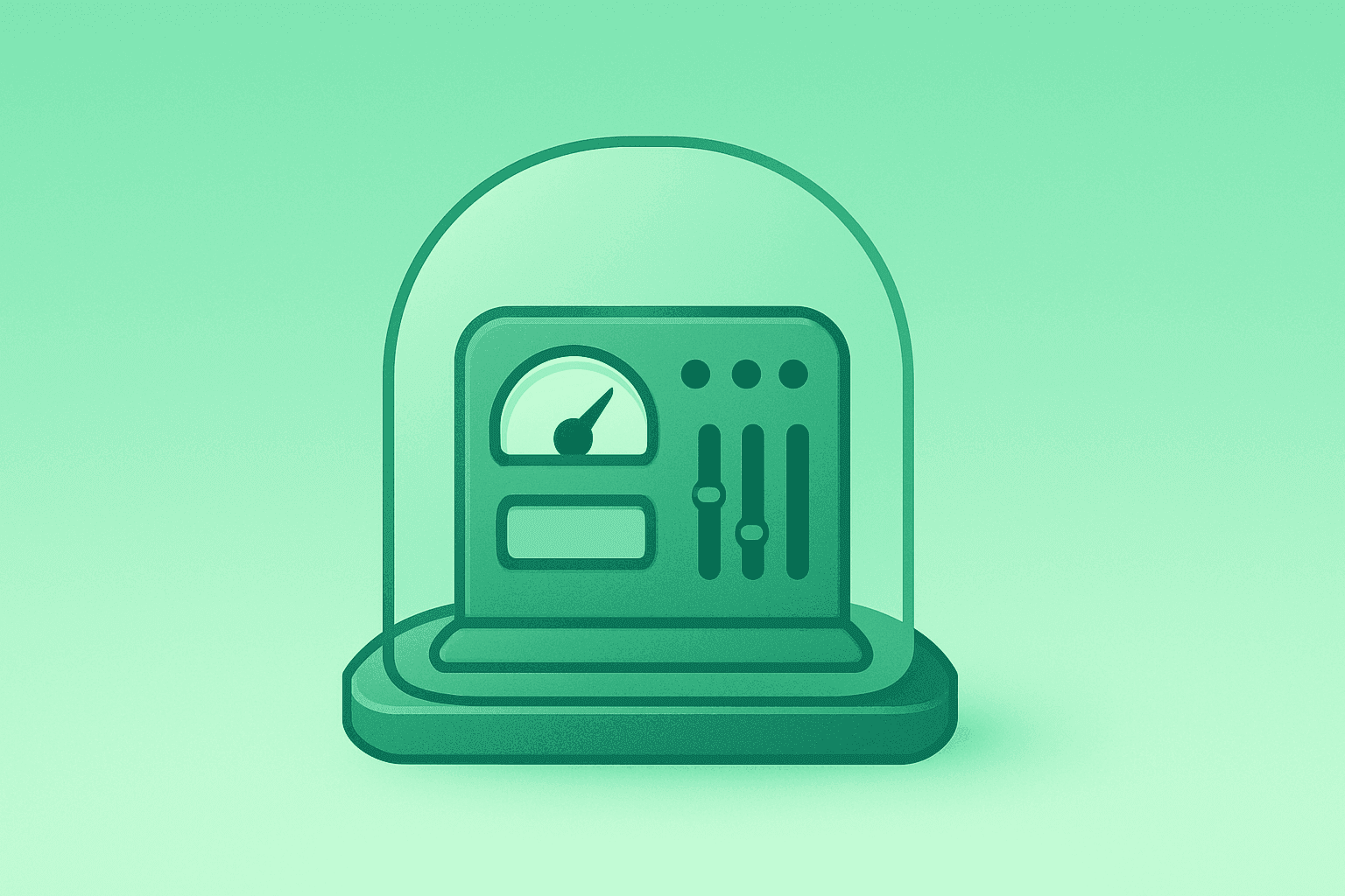 Flat vector of a throttled server core under a safety shroud symbolizing the Microsoft AI code of conduct and human control