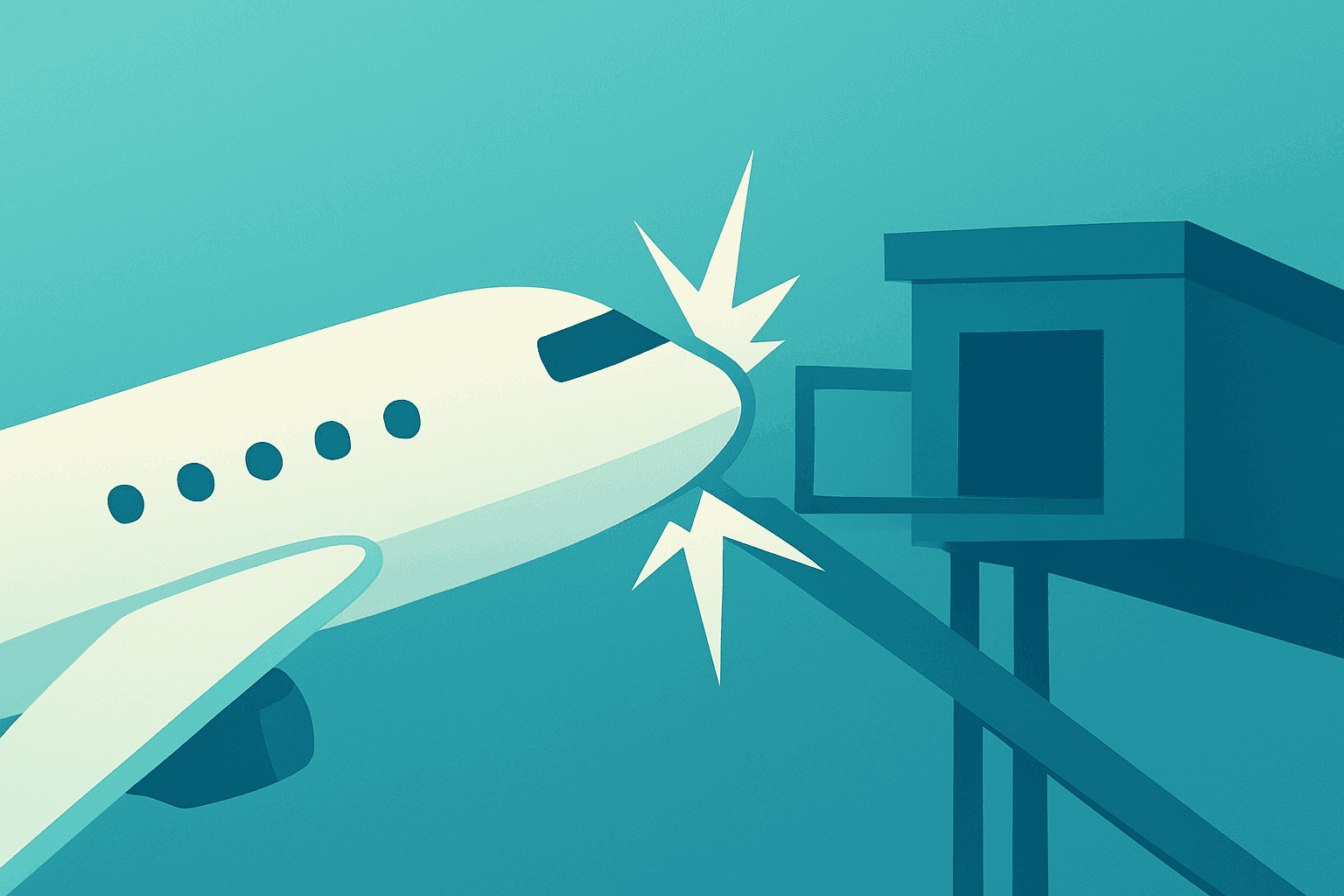 Flat vector of an airplane fuselage at a fractured hub gate to symbolize United American Airlines merger regulatory roadblock
