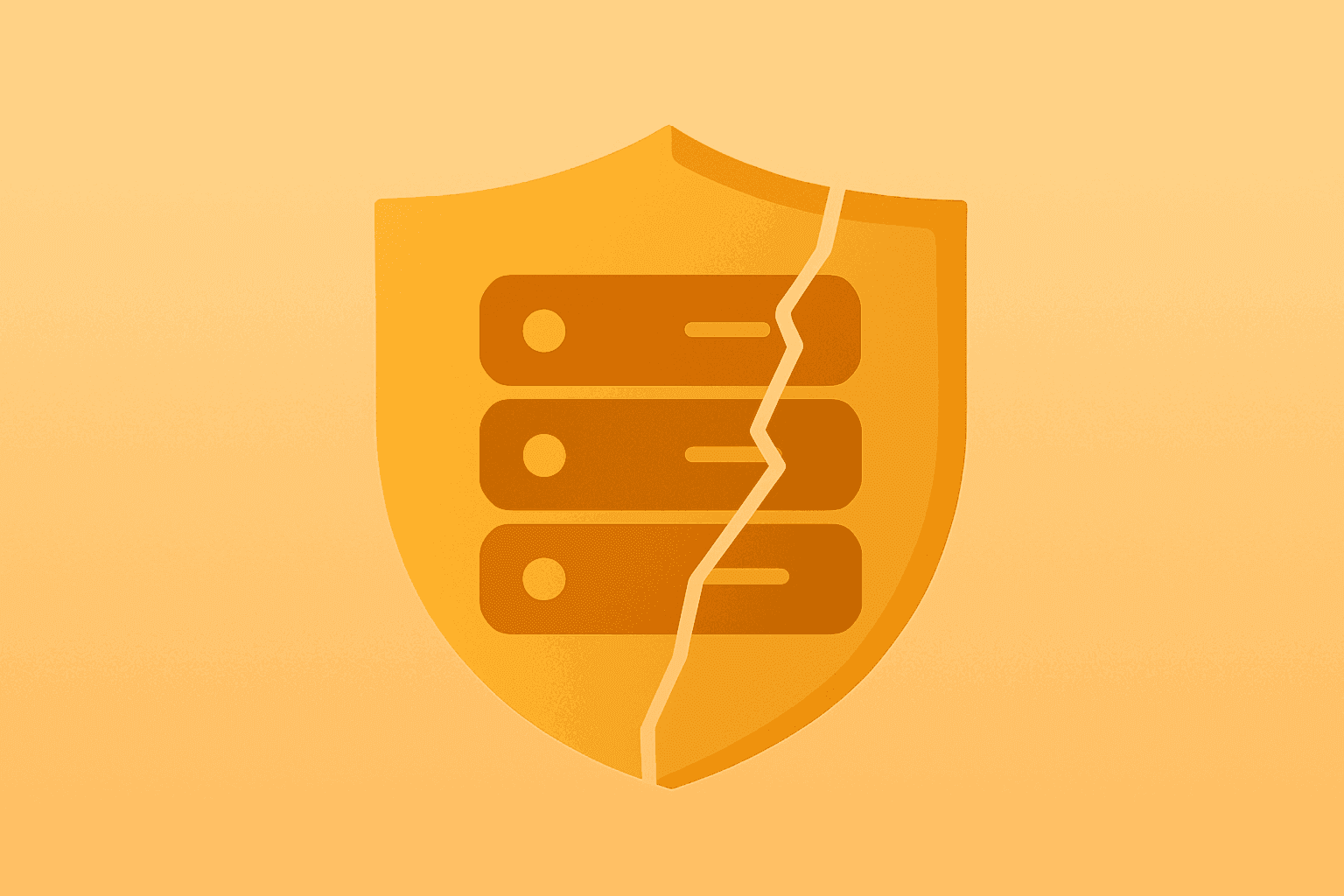 Flat vector server shield with fractured shell representing SentinelOne stock amid layoffs and tepid guidance.
